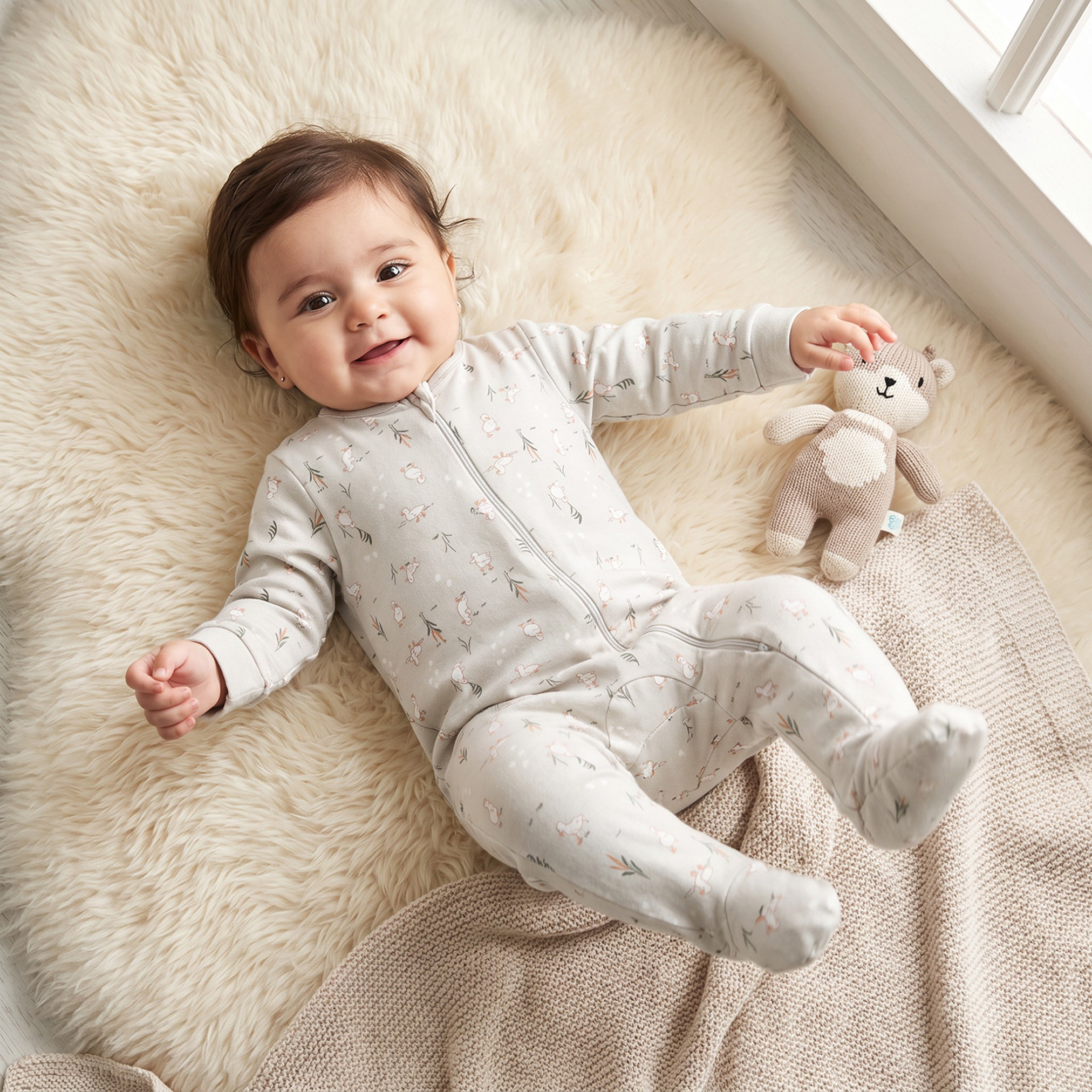 بدلة نوم قطن بياقة ضيقة وأكمام طويلة وسحاب إغلاق من جونيورز-baby-girls-clothing-nightwear-sleepsuits-image-1