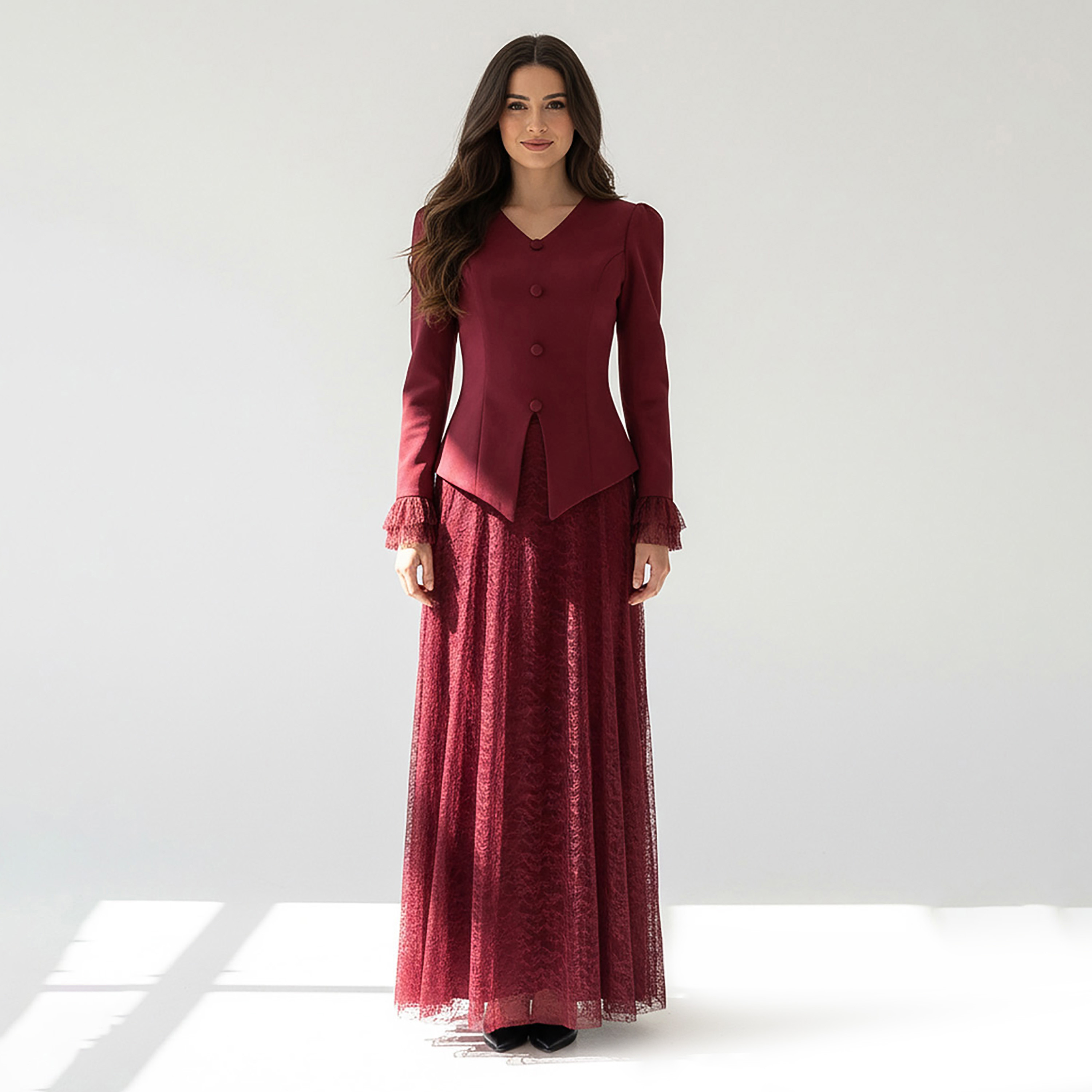 Akadia Lace Dantel Women's Evening Fitted Peplum Top with Flared Skirt-women-clothing-coordsets-image-1