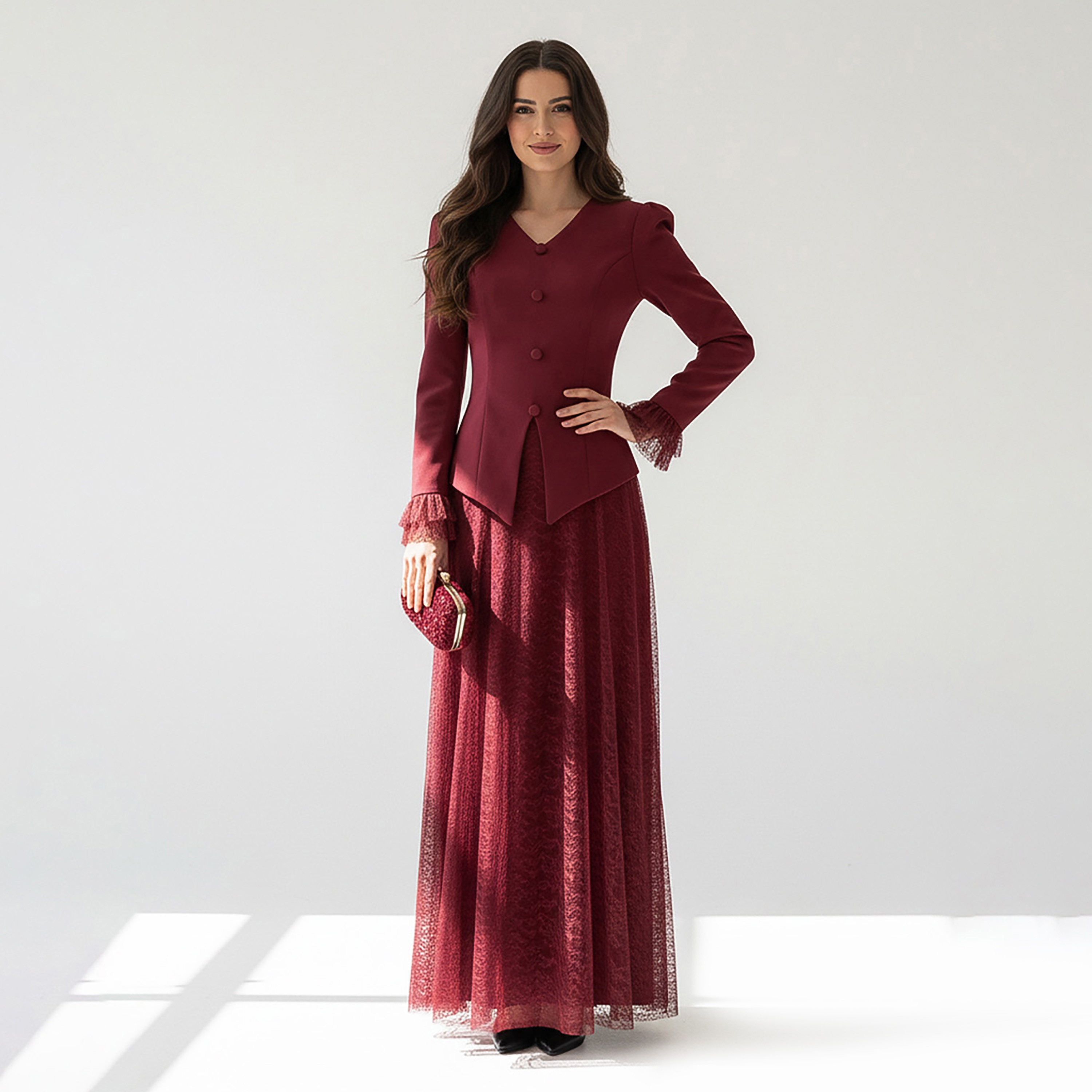 Akadia Lace Dantel Women's Evening Fitted Peplum Top with Flared Skirt-women-clothing-coordsets-image-2
