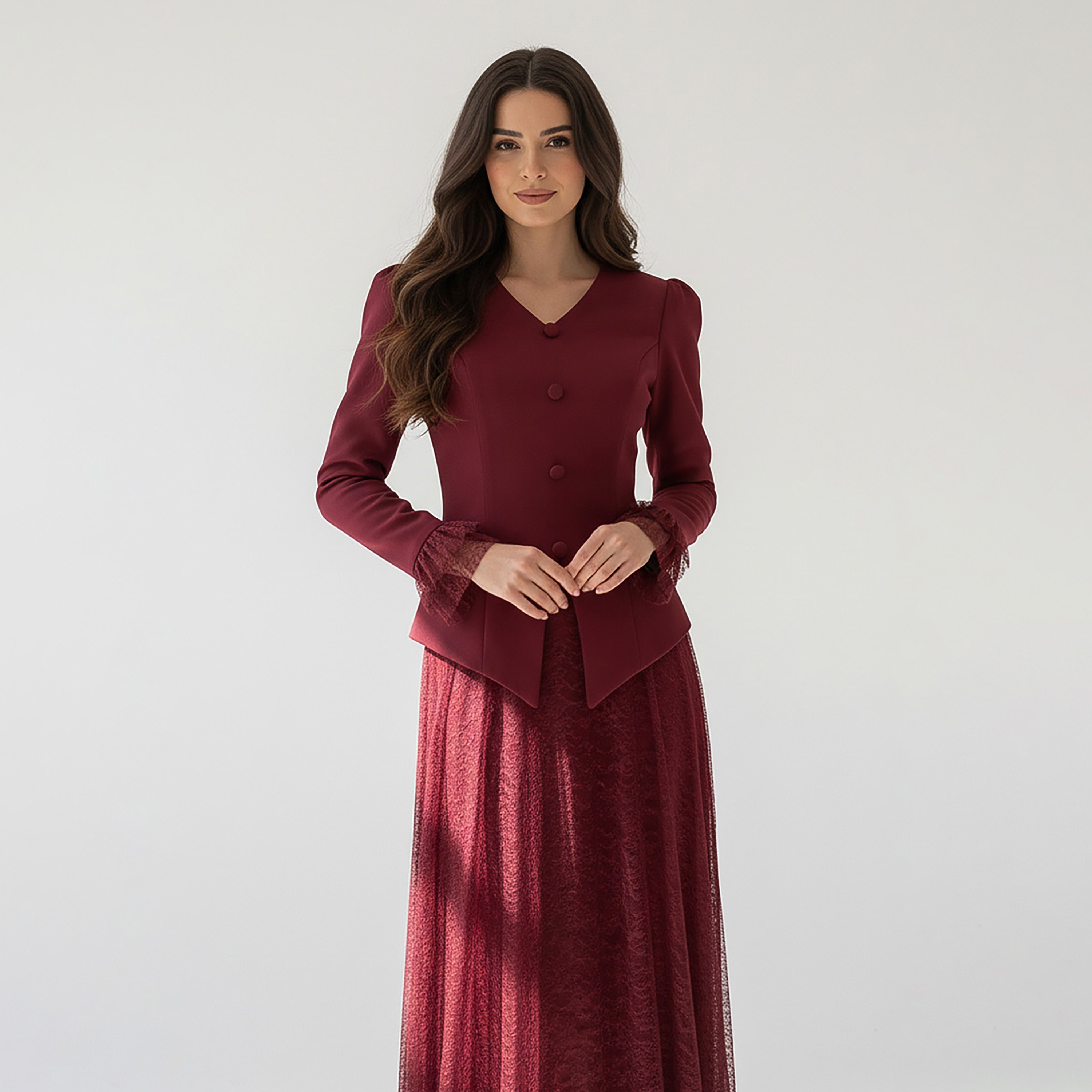 Akadia Lace Dantel Women's Evening Fitted Peplum Top with Flared Skirt-women-clothing-coordsets-image-3