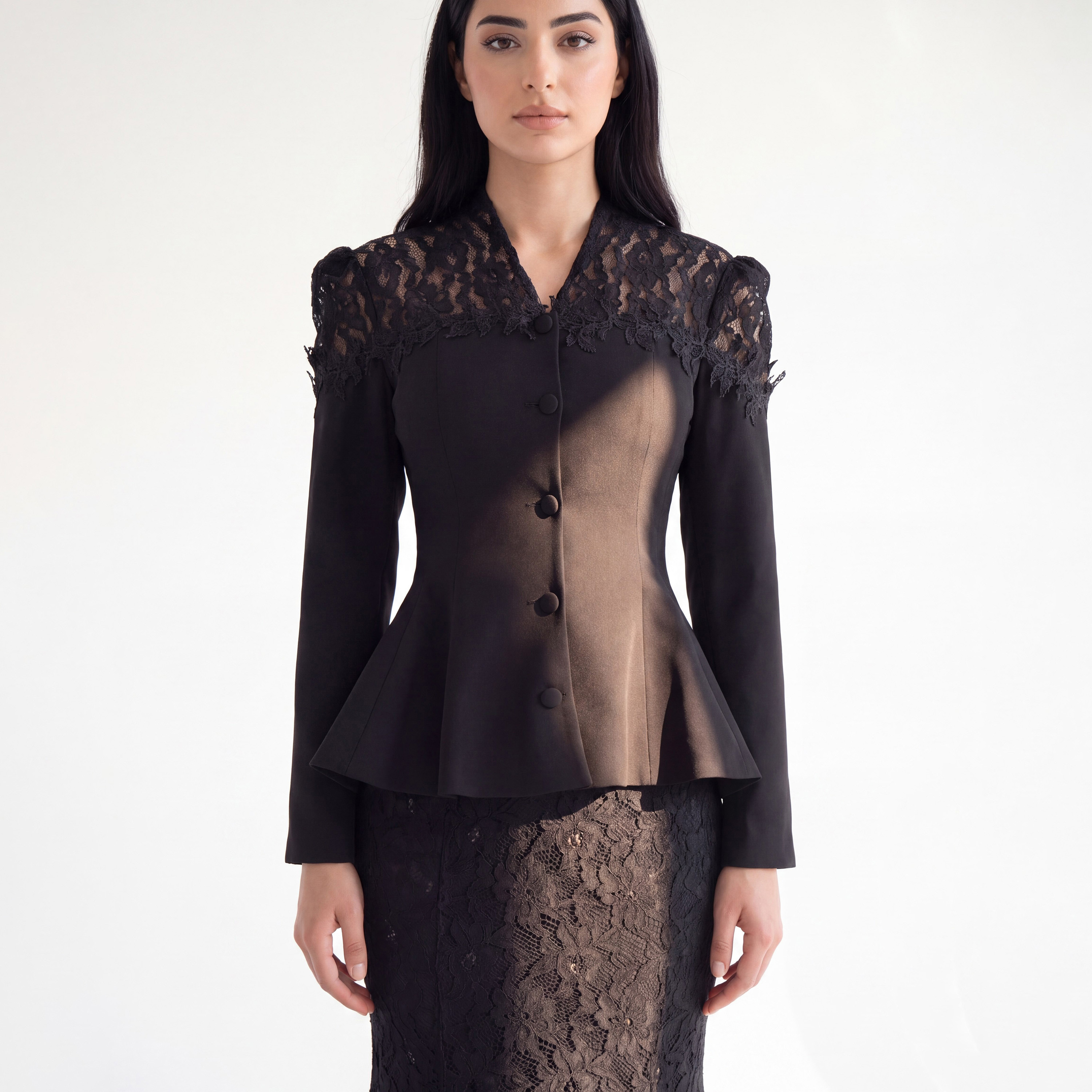 Akadia Lace Dantel Women's Evening Fitted Peplum Top with Flared Skirt-women-clothing-coordsets-image-15