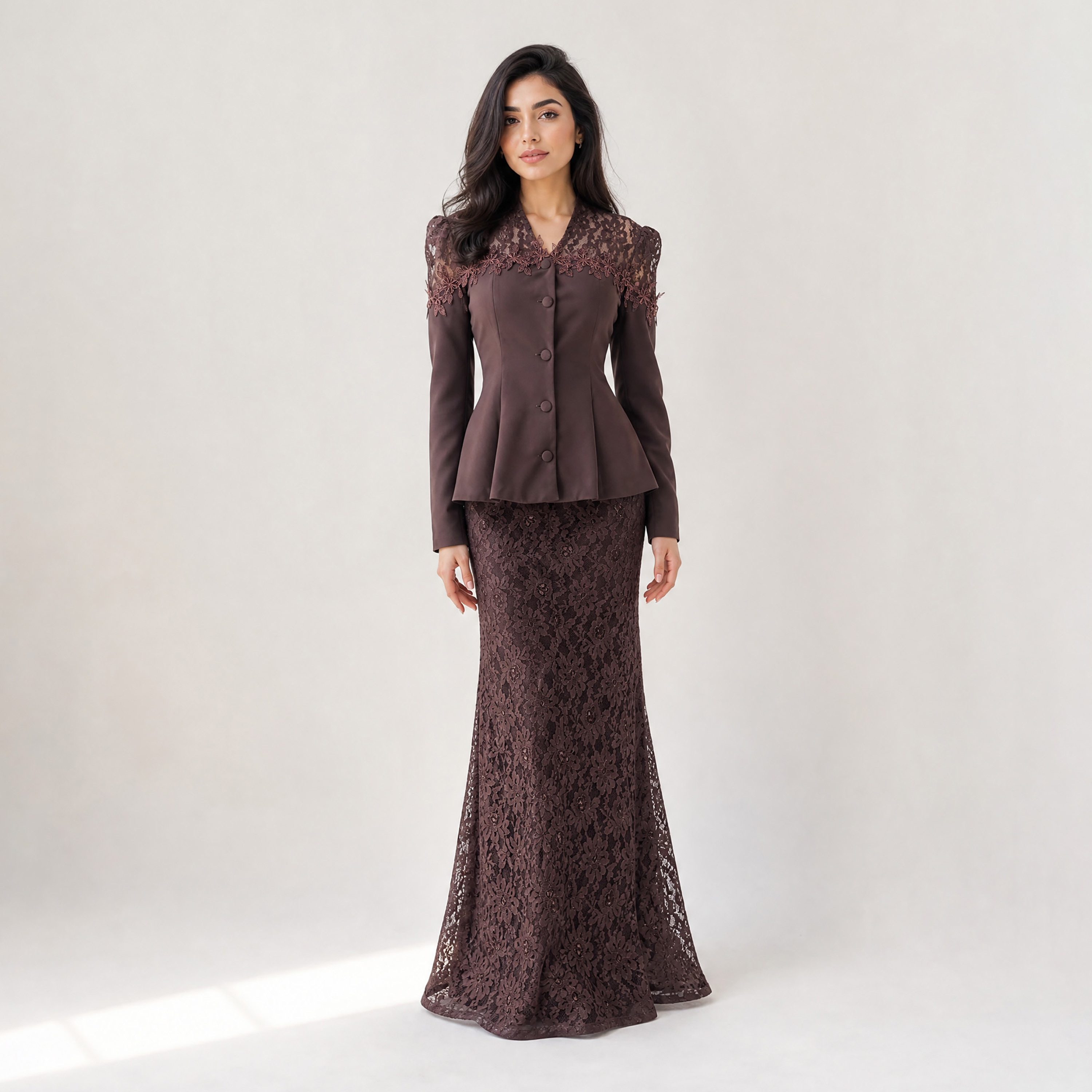 Akadia Lace Dantel Women's Evening Fitted Peplum Top with Flared Skirt-women-clothing-coordsets-image-1