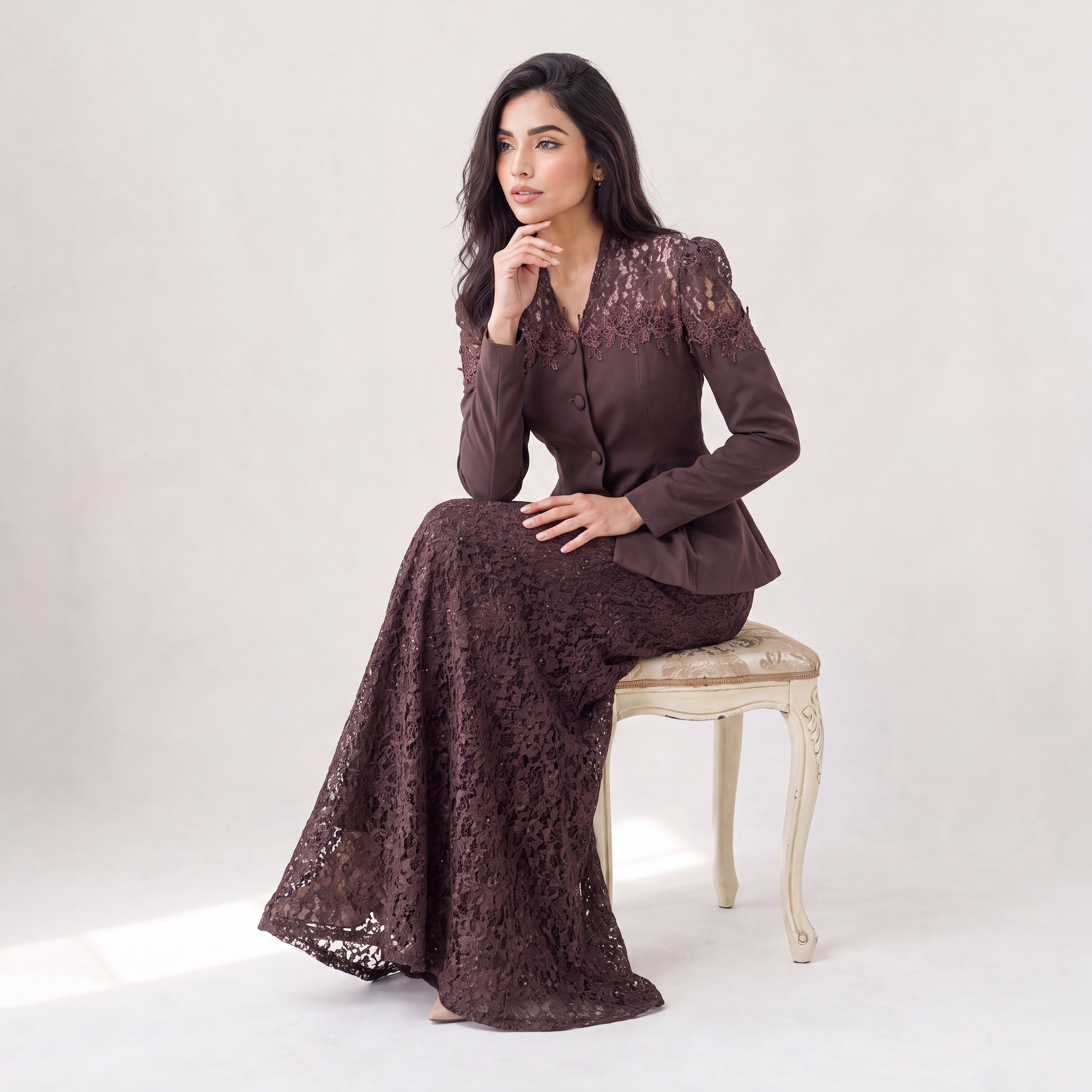 Akadia Lace Dantel Women's Evening Fitted Peplum Top with Flared Skirt-women-clothing-coordsets-image-2