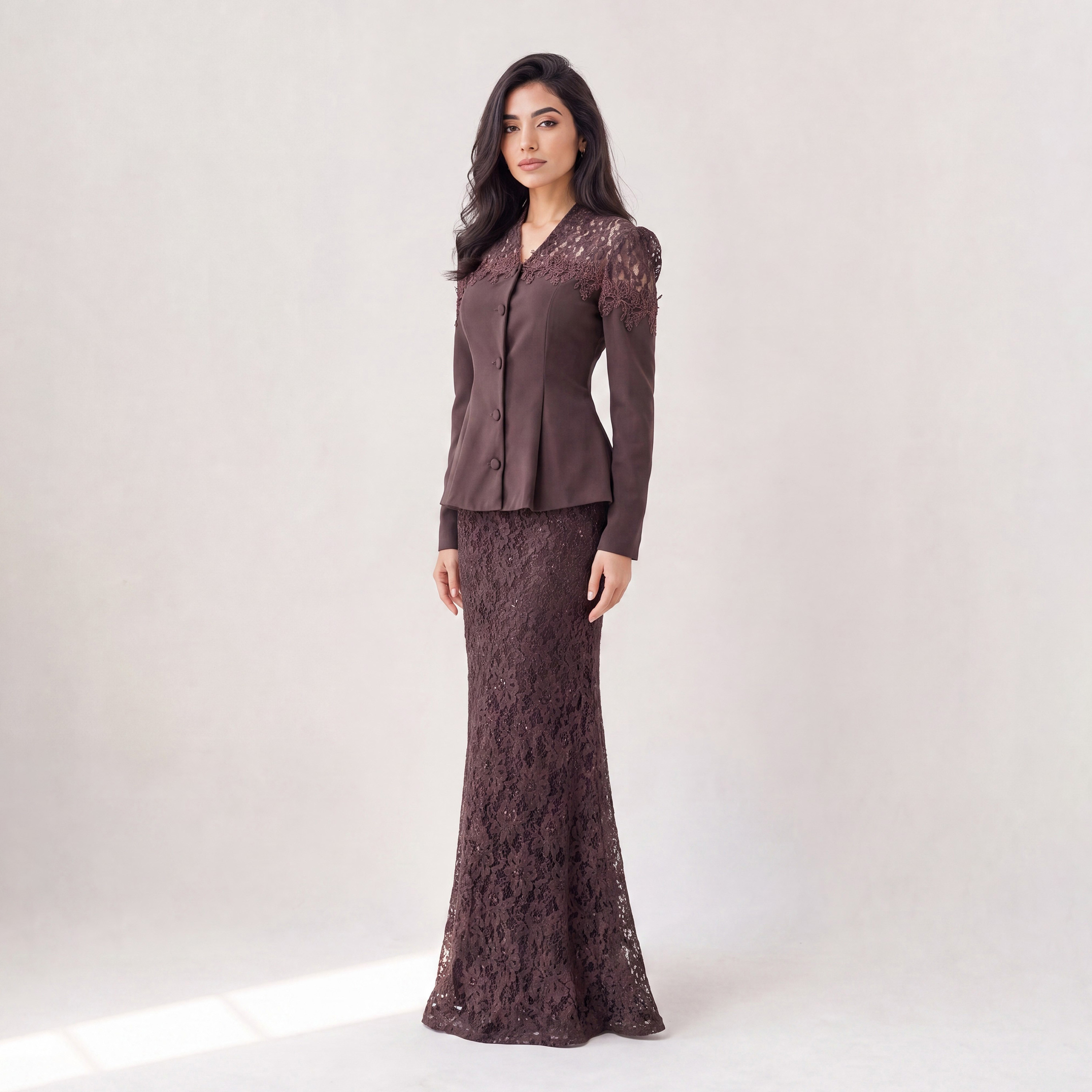 Akadia Lace Dantel Women's Evening Fitted Peplum Top with Flared Skirt-women-clothing-coordsets-image-3