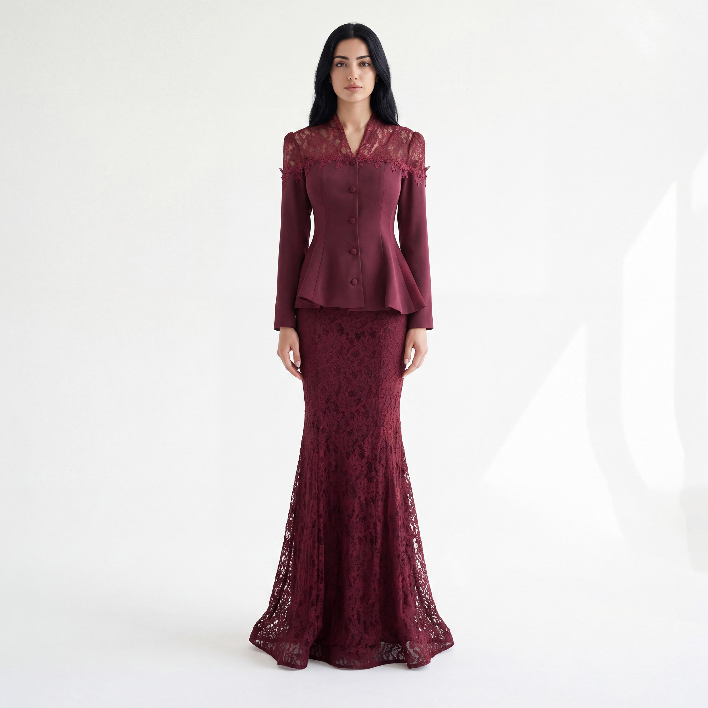 Akadia Lace Dantel Women's Evening Fitted Peplum Top with Flared Skirt-women-clothing-coordsets-image-1