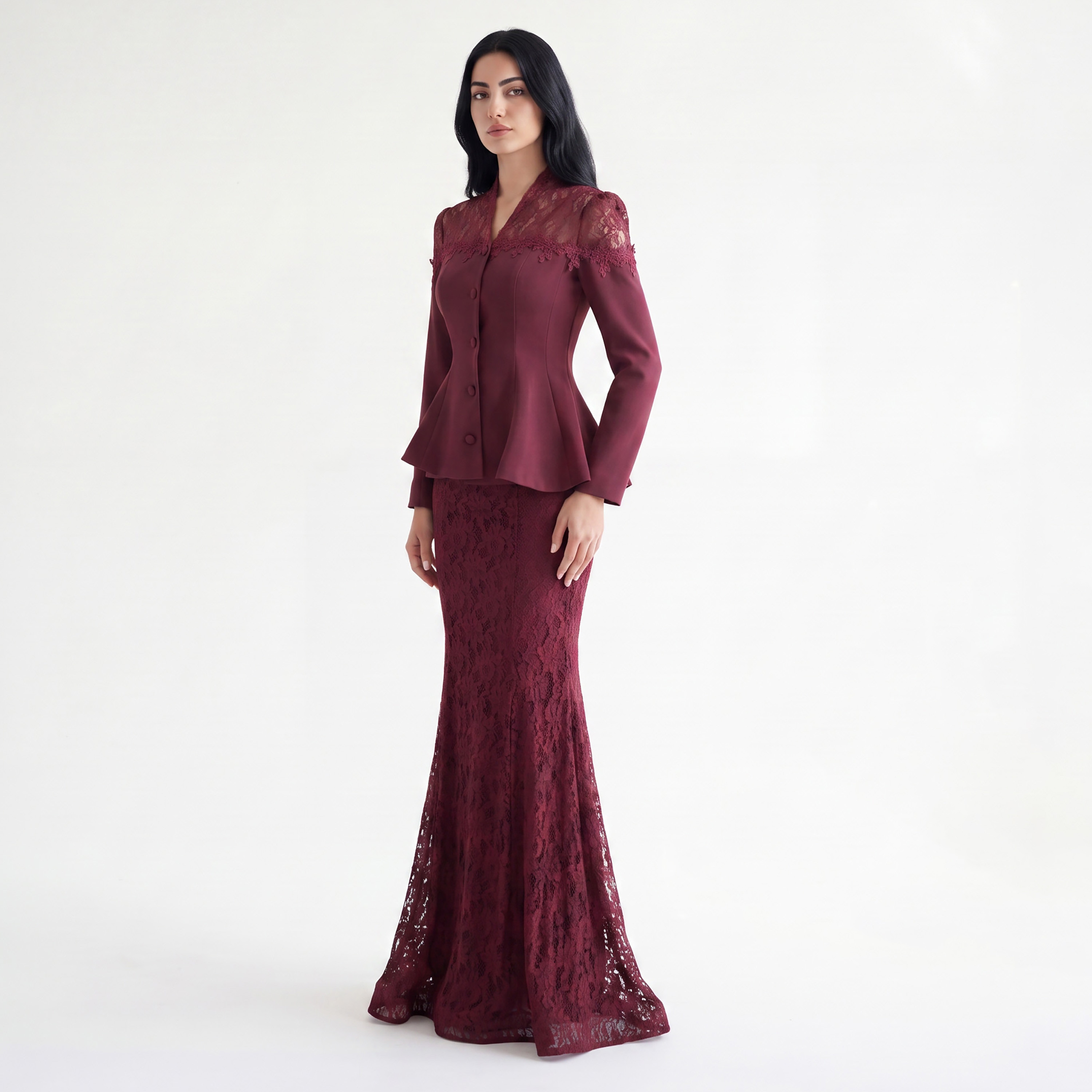 Akadia Lace Dantel Women's Evening Fitted Peplum Top with Flared Skirt-women-clothing-coordsets-image-2