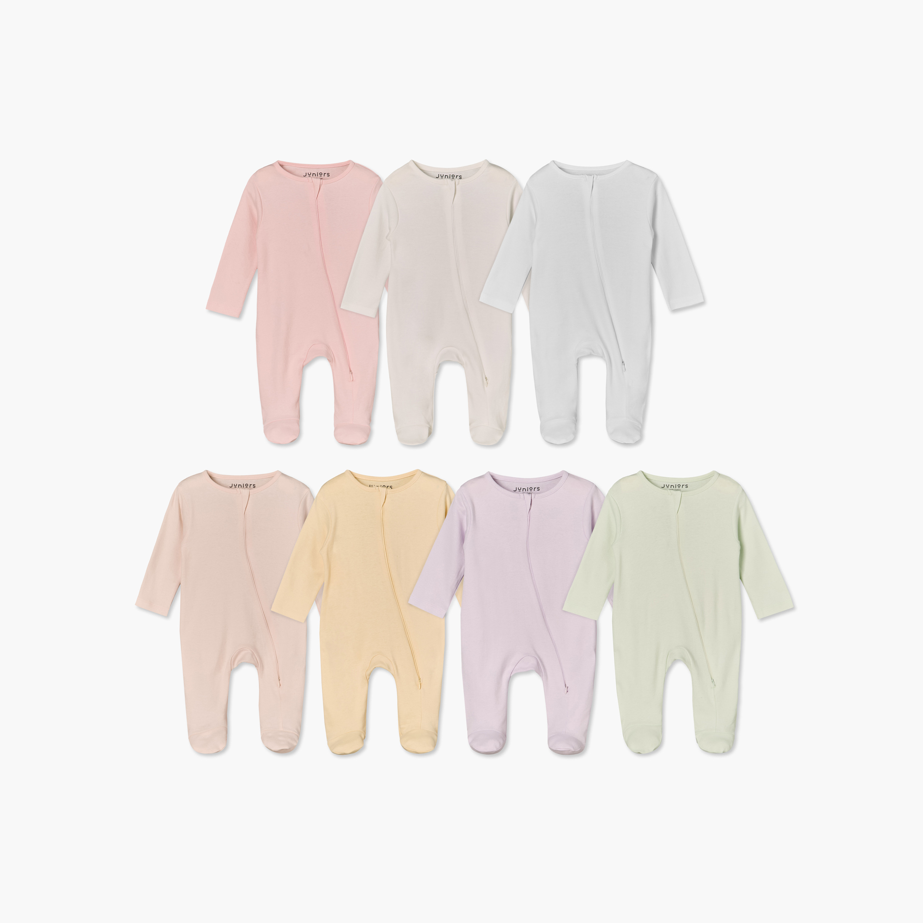 بدلة نوم قطن بياقة ضيقة وأكمام طويلة وسحّاب إغلاق من جونيورز - عبوة من 7 قطع-baby-girls-clothing-nightwear-sleepsuits-image-1