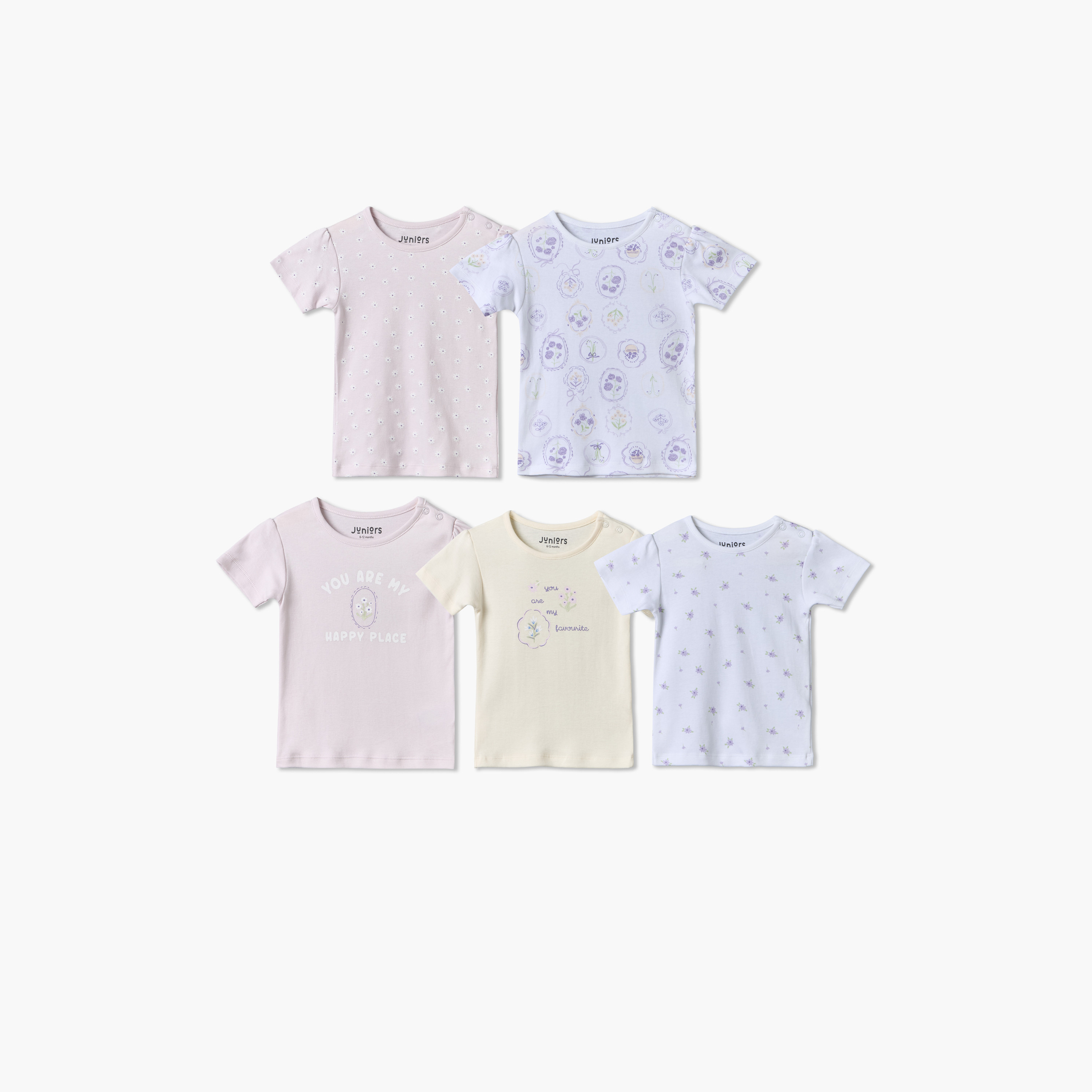 تيشيرتات بطبعات أزهار وياقة ضيقة وأكمام قصيرة من جونيورز - عبوة 5 قطع-girls-clothing-schoolwear-tshirts-image-1