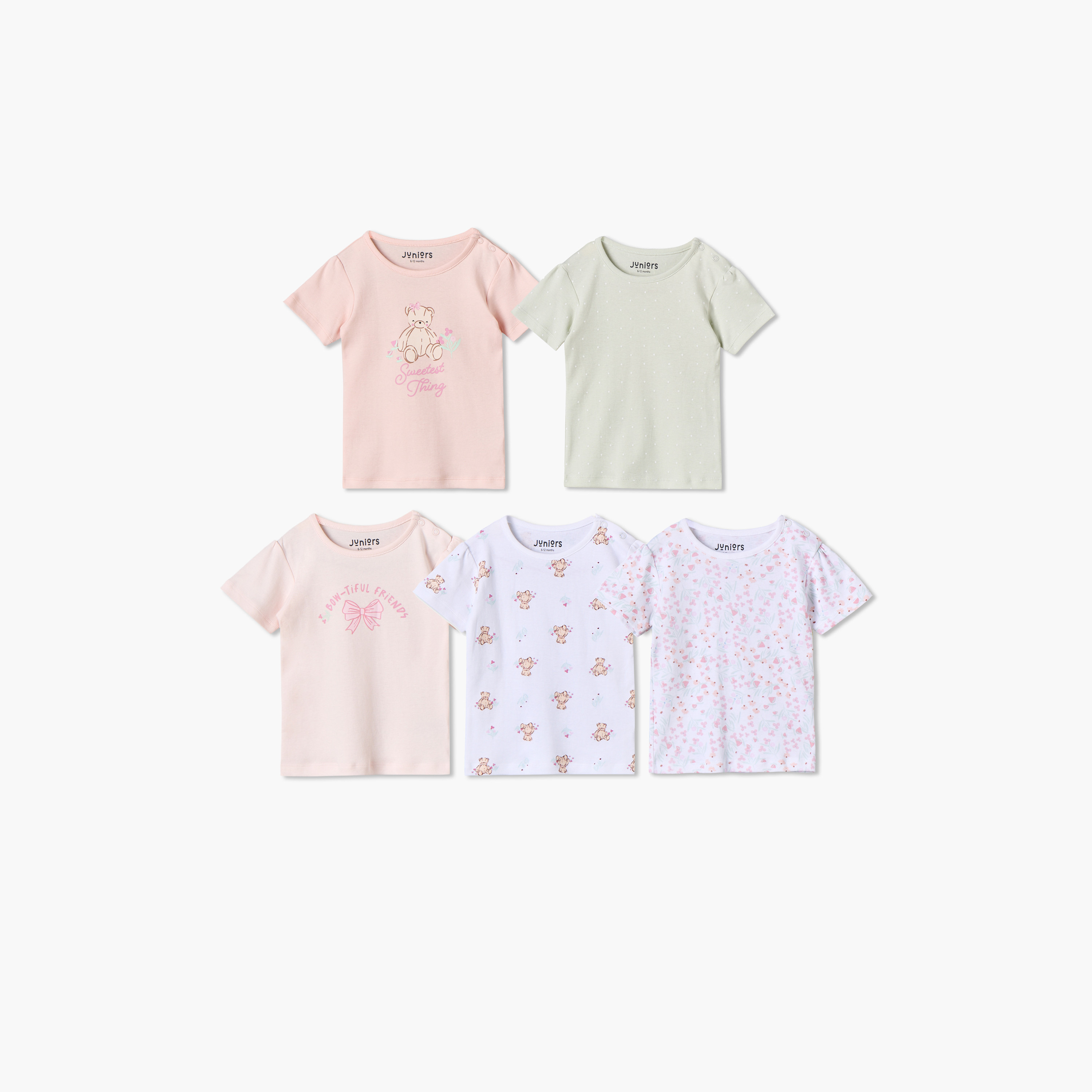 تيشيرت بياقة ضيقة وأكمام قصيرة بطبعات دب من جونيورز - عبوة من 5 قطع-girls-clothing-schoolwear-tshirts-image-1