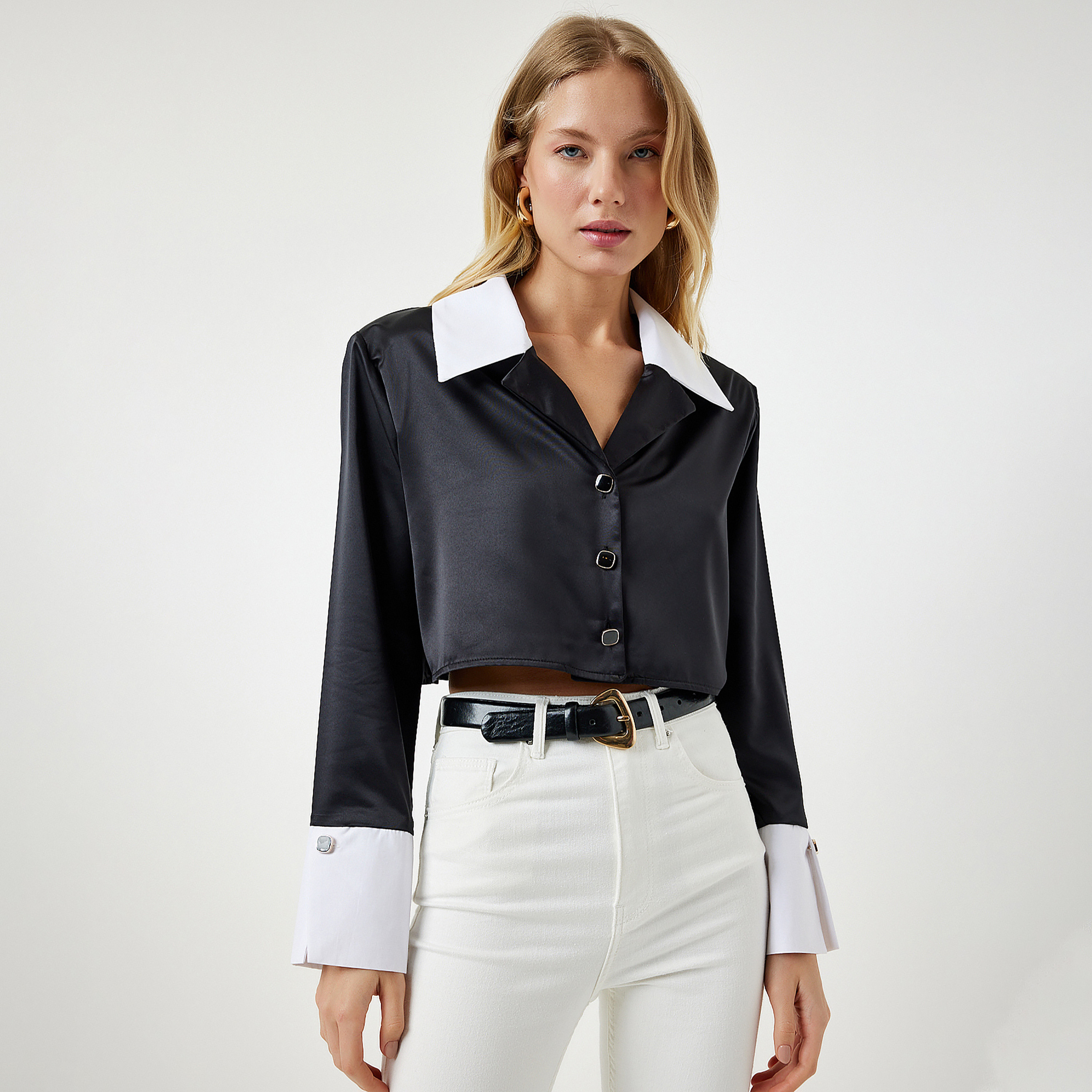 Happiness Istanbul Black Collared Women's Shirt-women-clothing-shirtsandblouses-shirts-image-1
