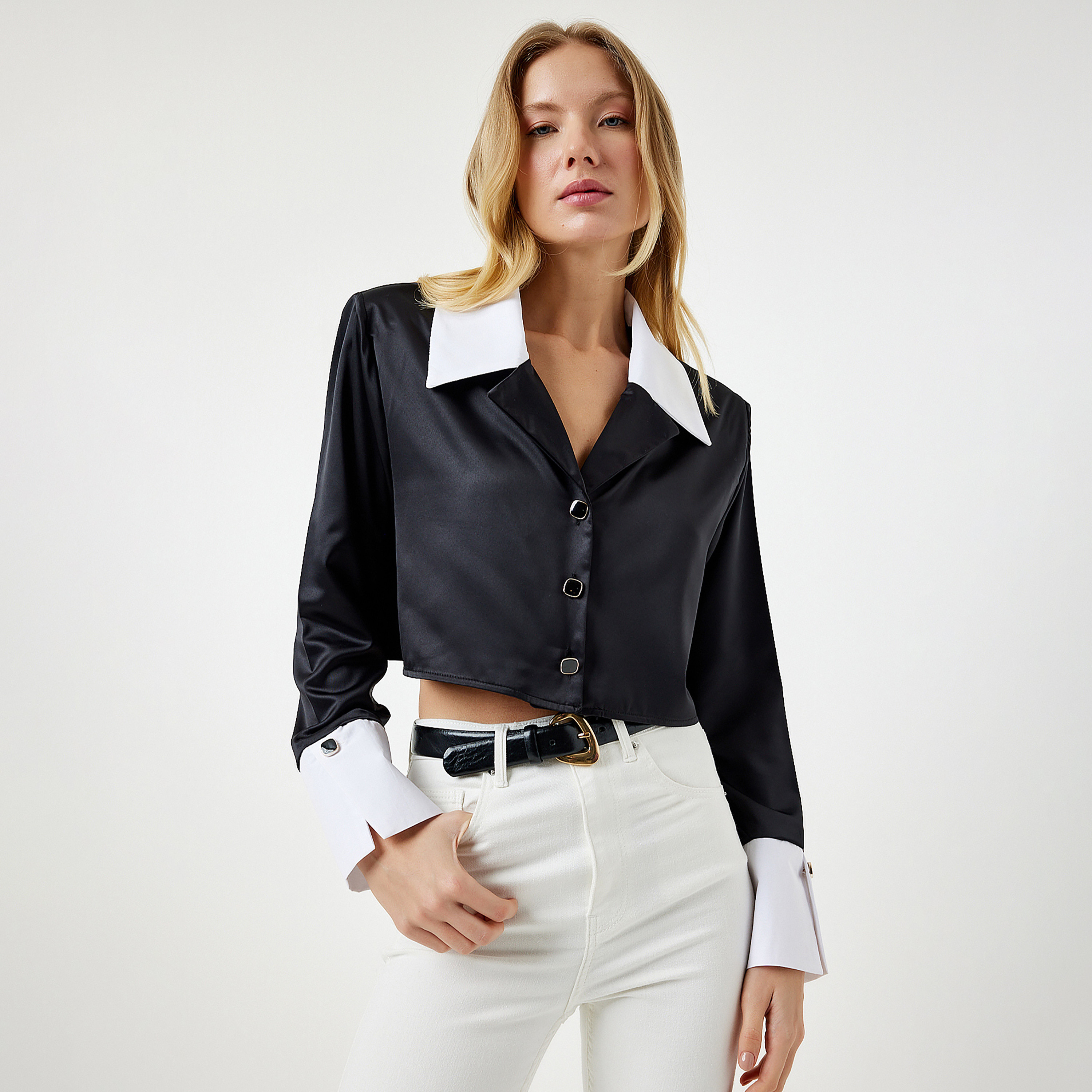 Happiness Istanbul Black Collared Women's Shirt-women-clothing-shirtsandblouses-shirts-image-3