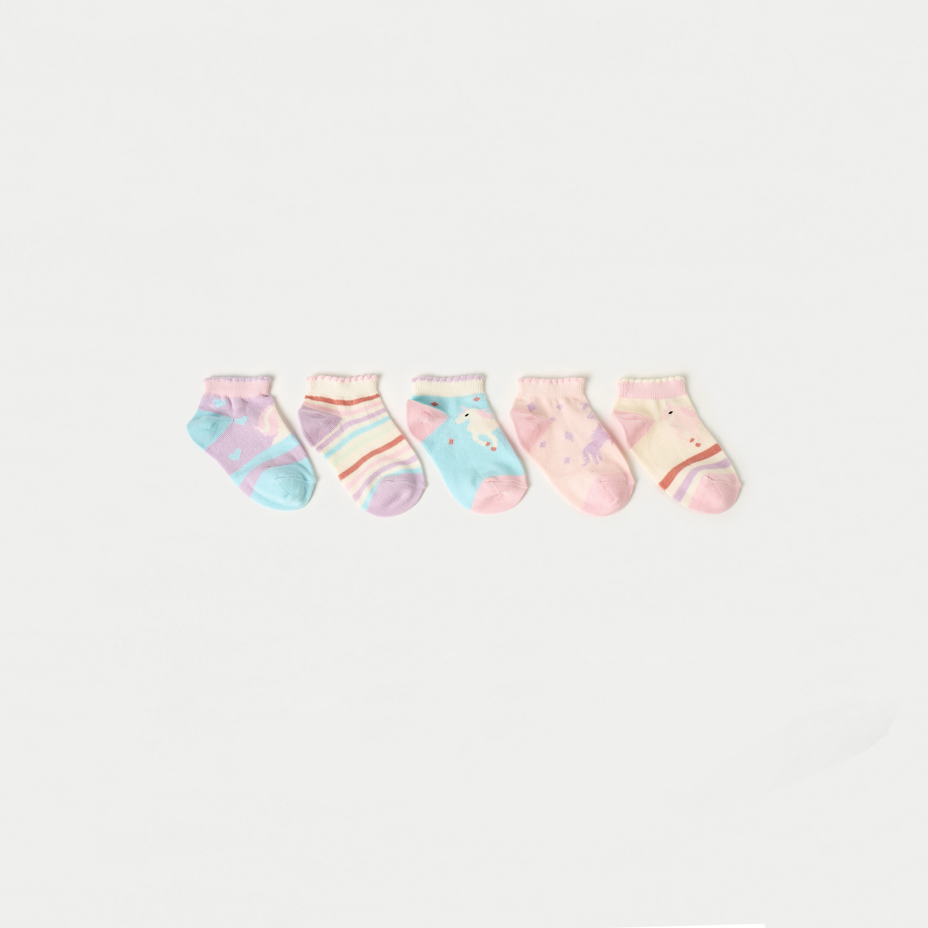 Juniors Unicorn Print Ankle Length Socks with Scallop Hem - Set of 5-baby-girls-accessories-socks-image-1