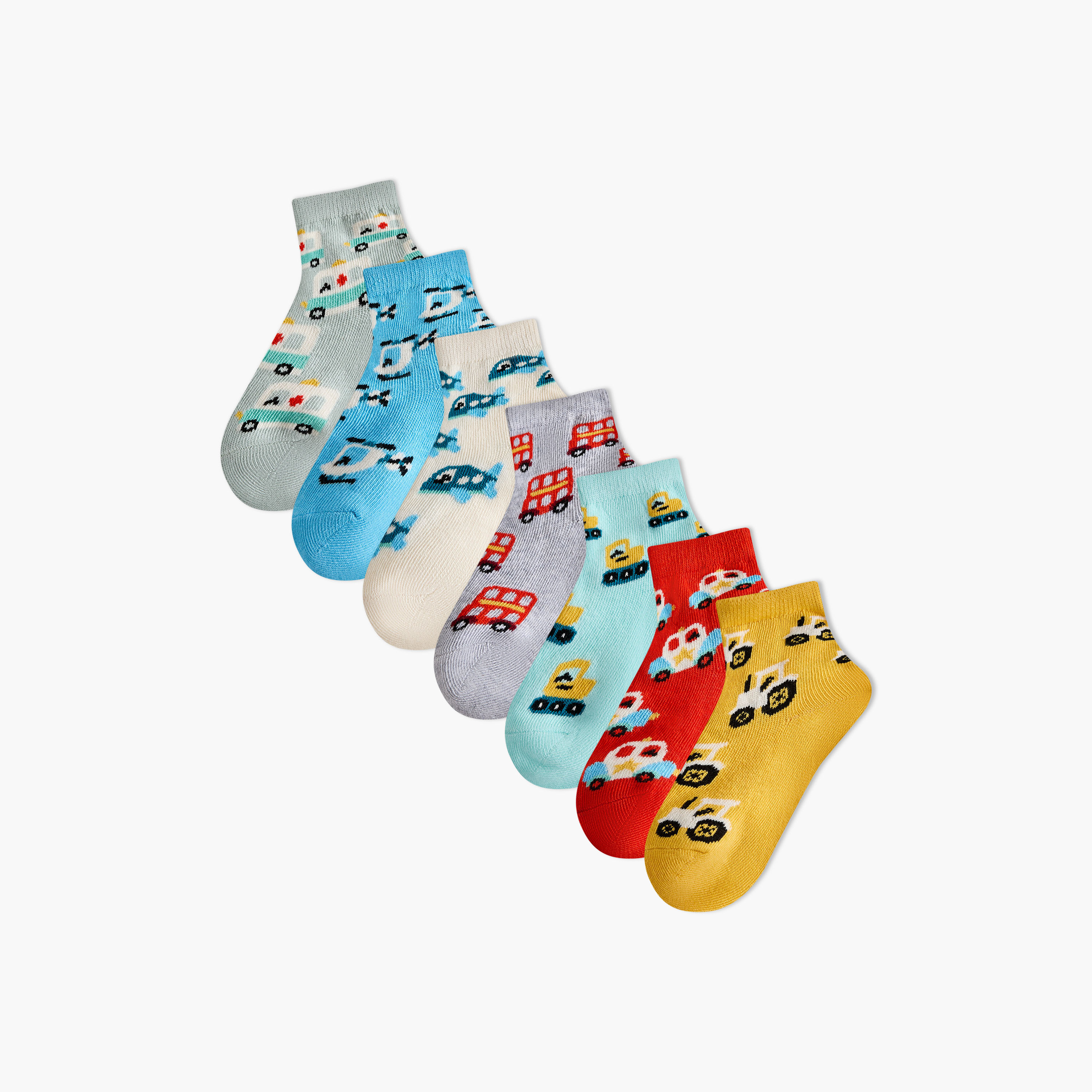 طقم جوارب 7 أزواج بطول الكاحل وطبعات مركبات من جونيورز-baby-boys-accessories-socks-image-1