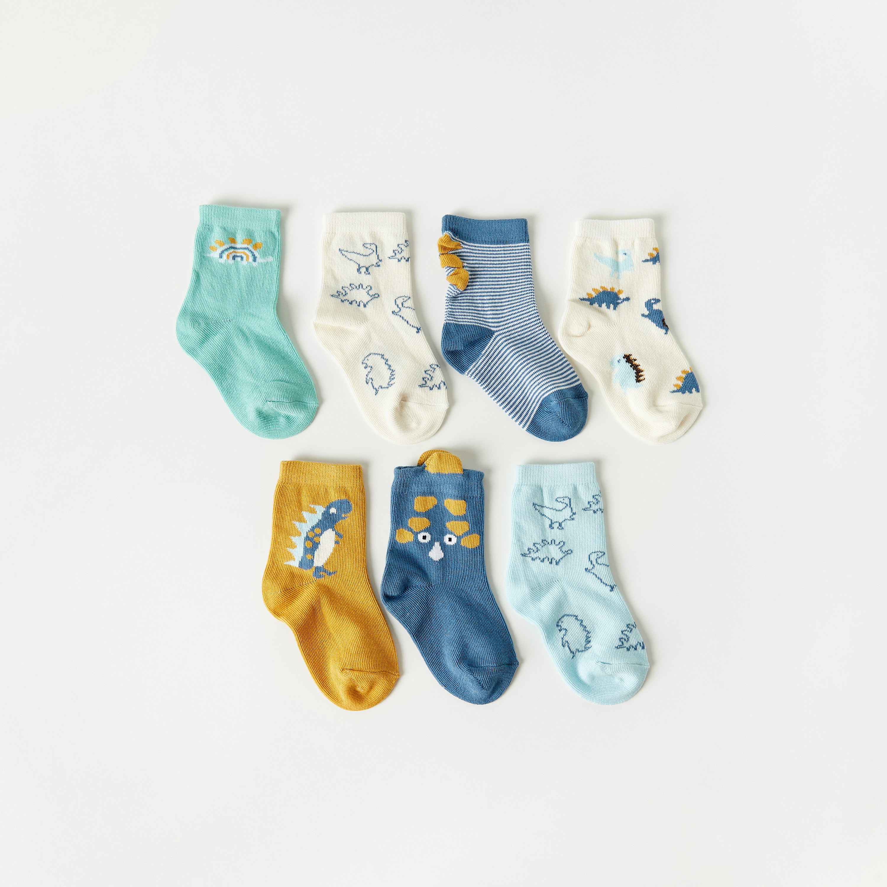 Juniors Dinosaur Print Ankle Length Socks - Set of 7-baby-boys-accessories-socks-image-1