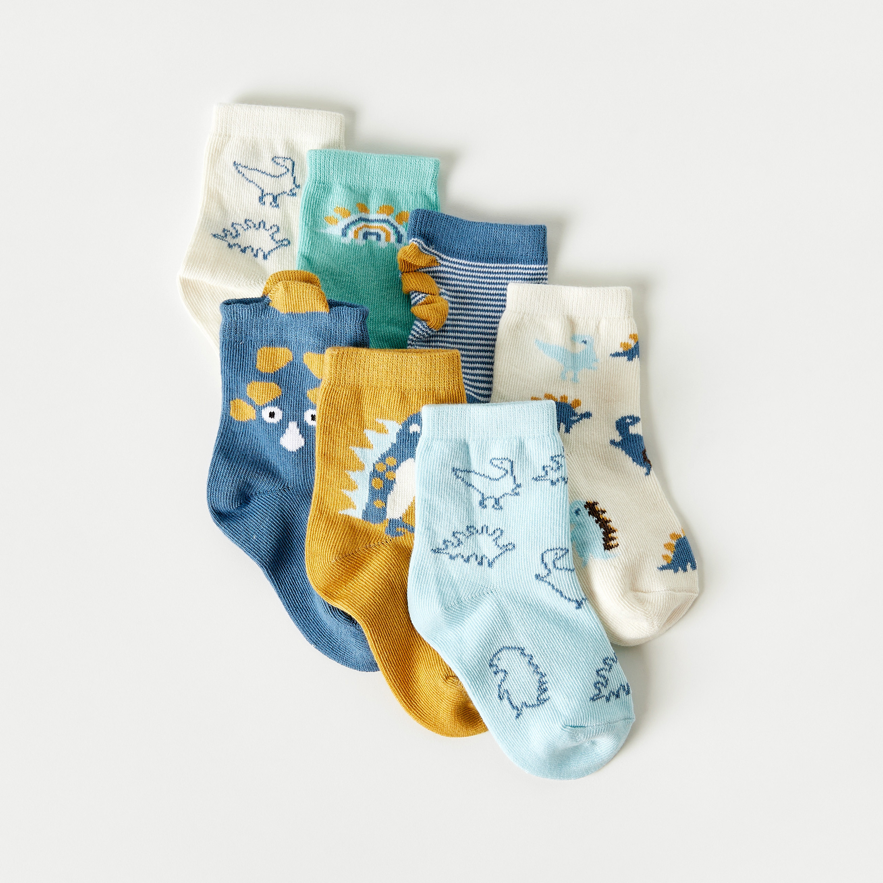 Juniors Dinosaur Print Ankle Length Socks - Set of 7-baby-boys-accessories-socks-image-2