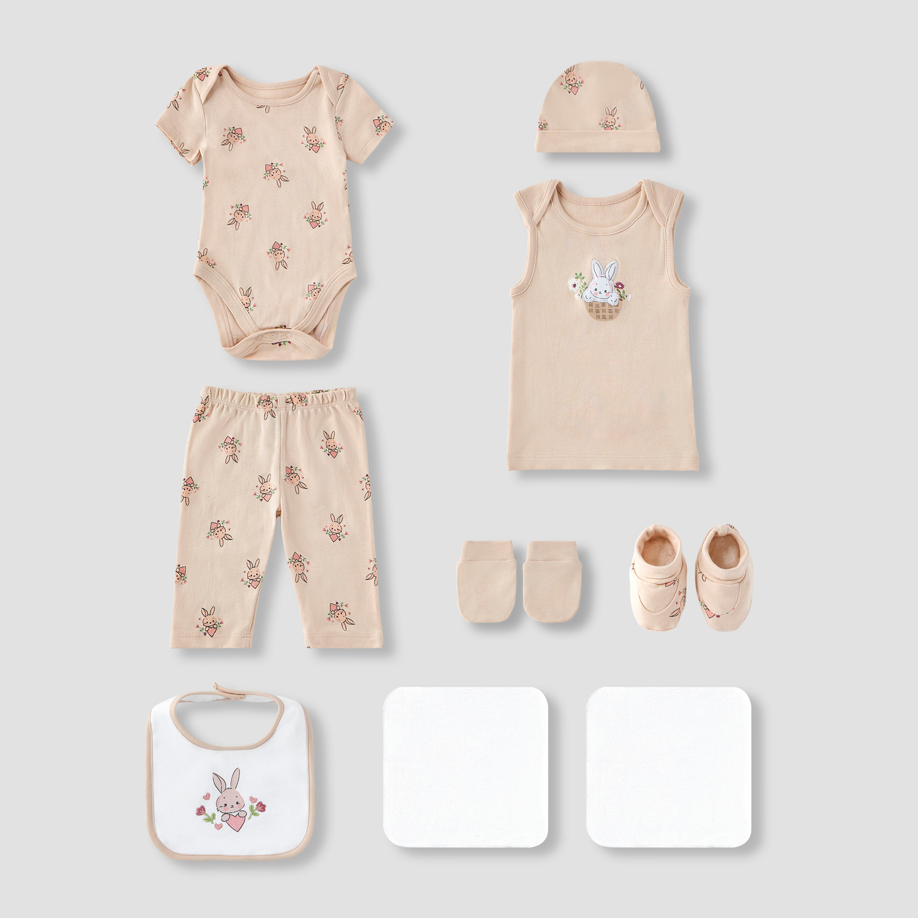 Juniors 9-Piece Girls Gift Set - Cotton - Sleeveless T-shirt, Pyjamas, Bib, Booties - Printed-baby-girls-clothing-setsandcoords-image-2
