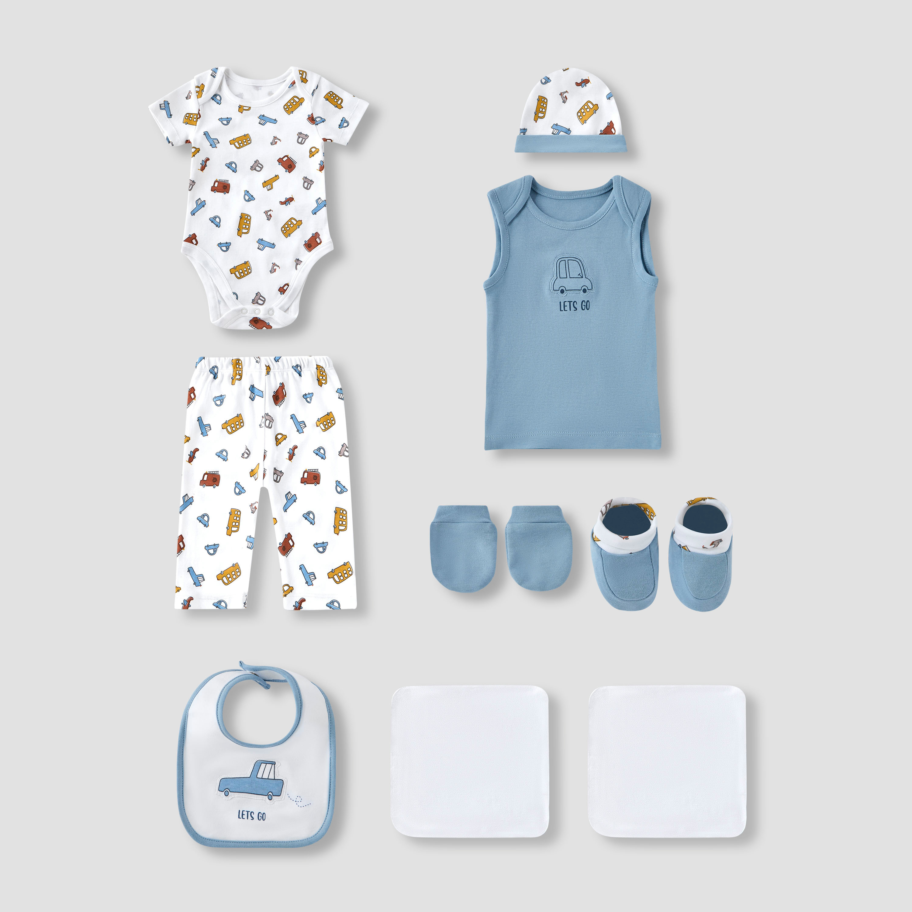 Juniors 9-Piece Boys Gift Set - Cotton - Sleeveless T-shirt, Pyjamas, Bib, Booties - Printed-baby-boys-clothing-setsandcoords-image-2