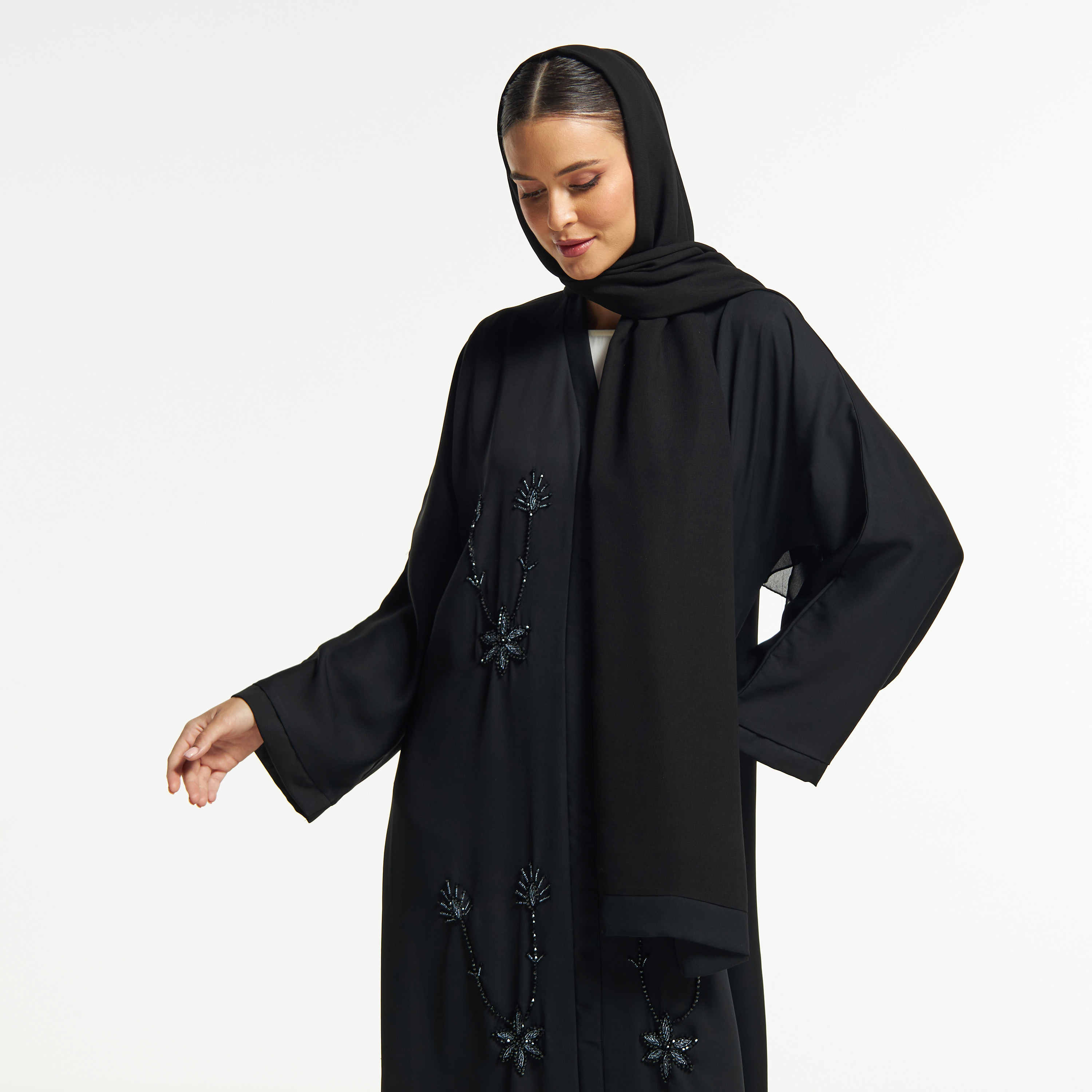 LS Floral Bead Embellished Abaya with V-neck-women-arabicclothing-abayas-image-2