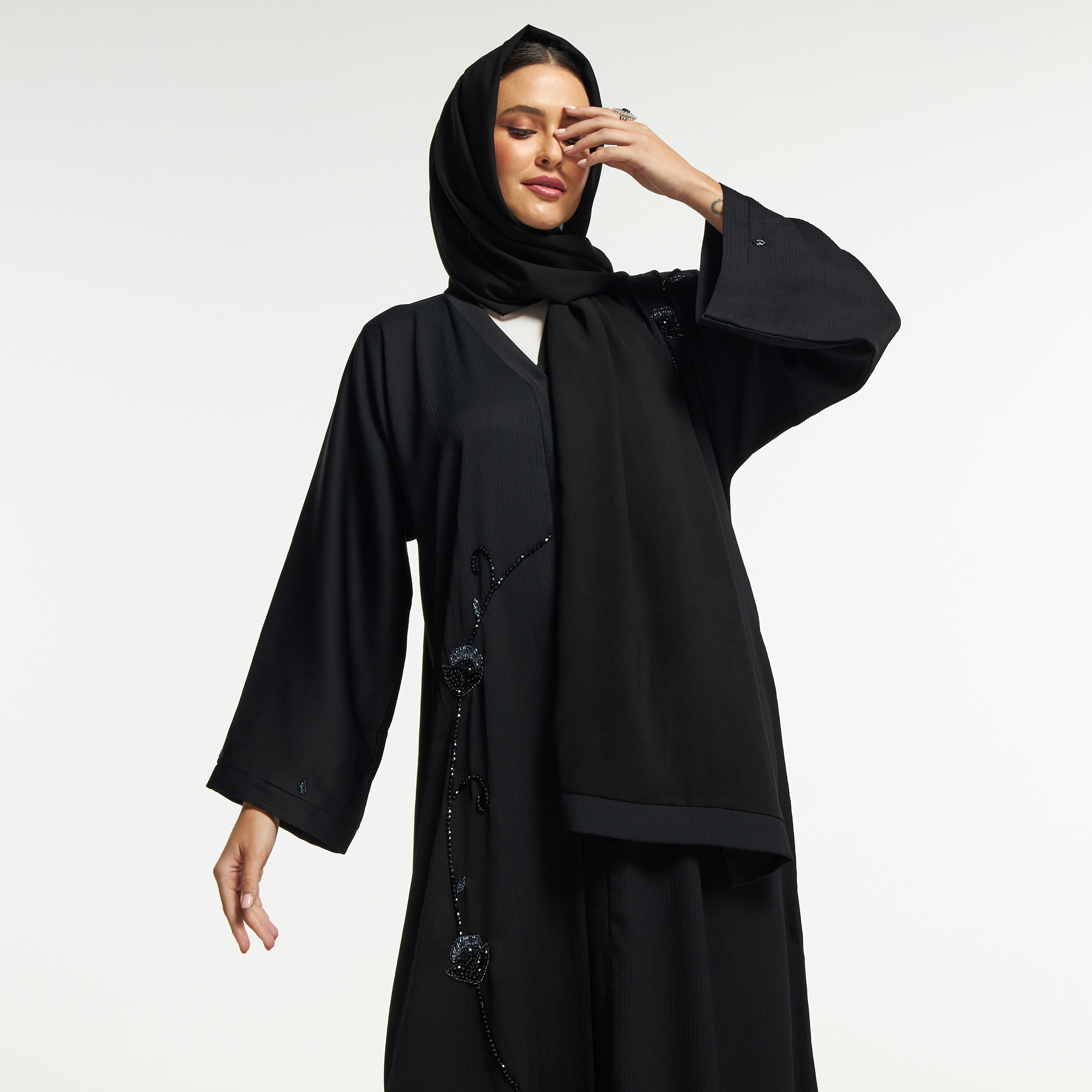 LS Floral Bead Embellished Abaya with V-neck-women-arabicclothing-abayas-image-2