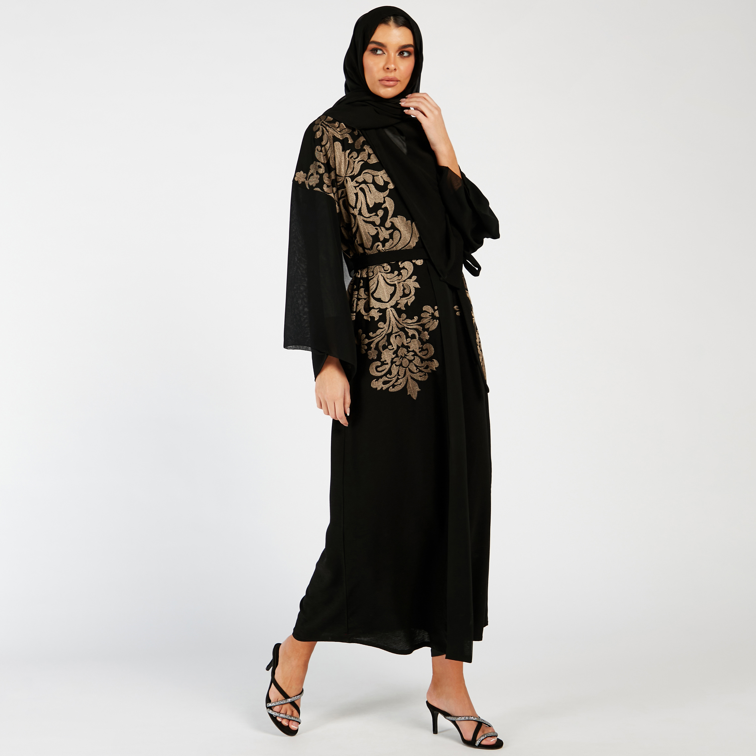 Nukhbaa Embroidered Open Front Abaya and Hijab Set-women-arabicclothing-abayas-image-1
