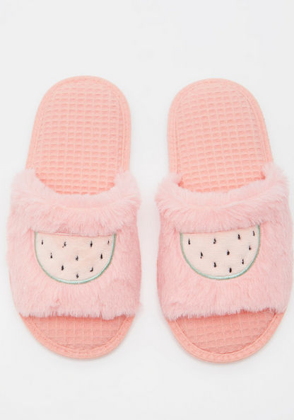 Plush Detail Bedroom Slippers with Embroidered Watermelon Applique-Girl%27s Bedroom Slippers-image-0