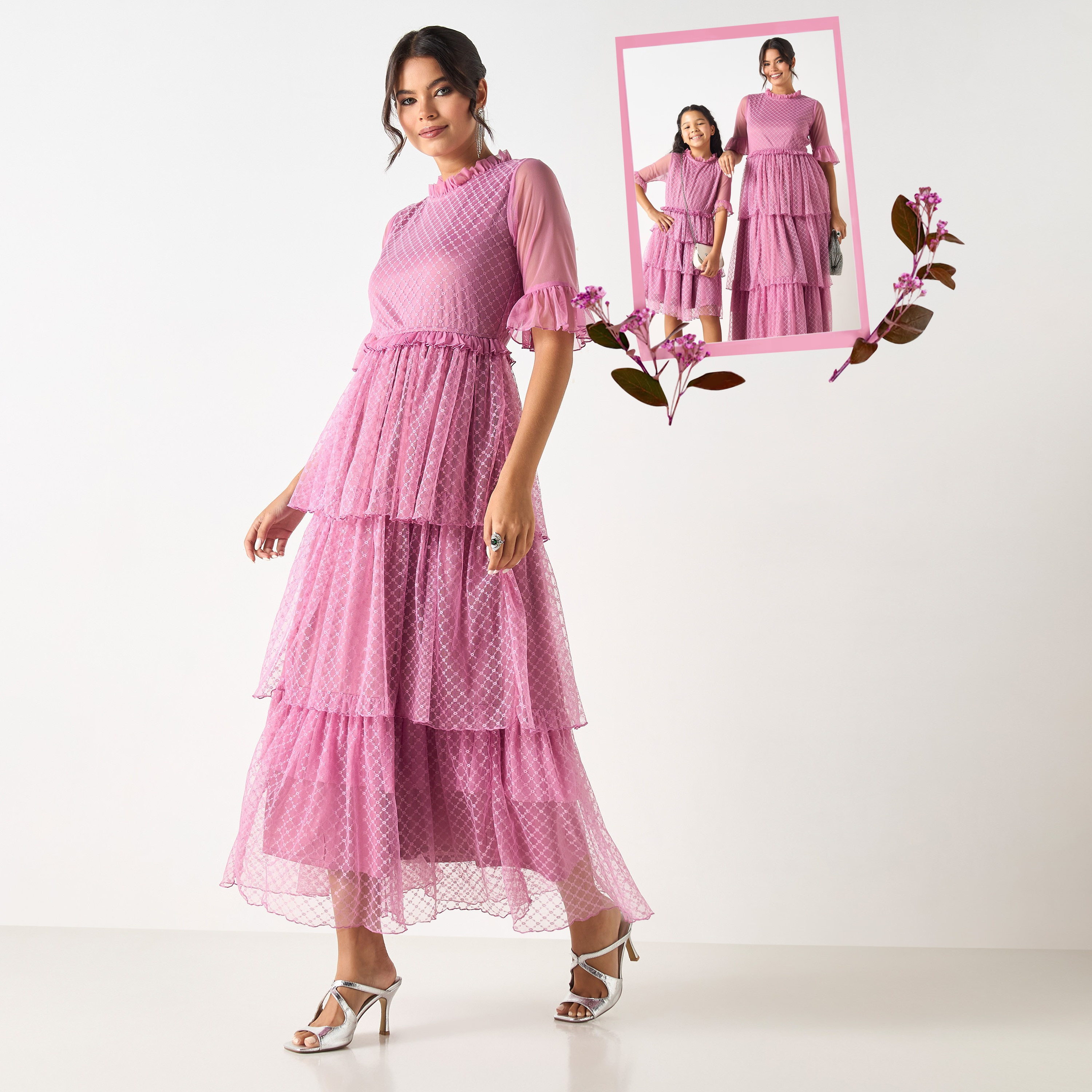 Si Noir All-Over Lace Tiered Dress with Short Sleeves - for Mom-women-clothing-dresses-image-1