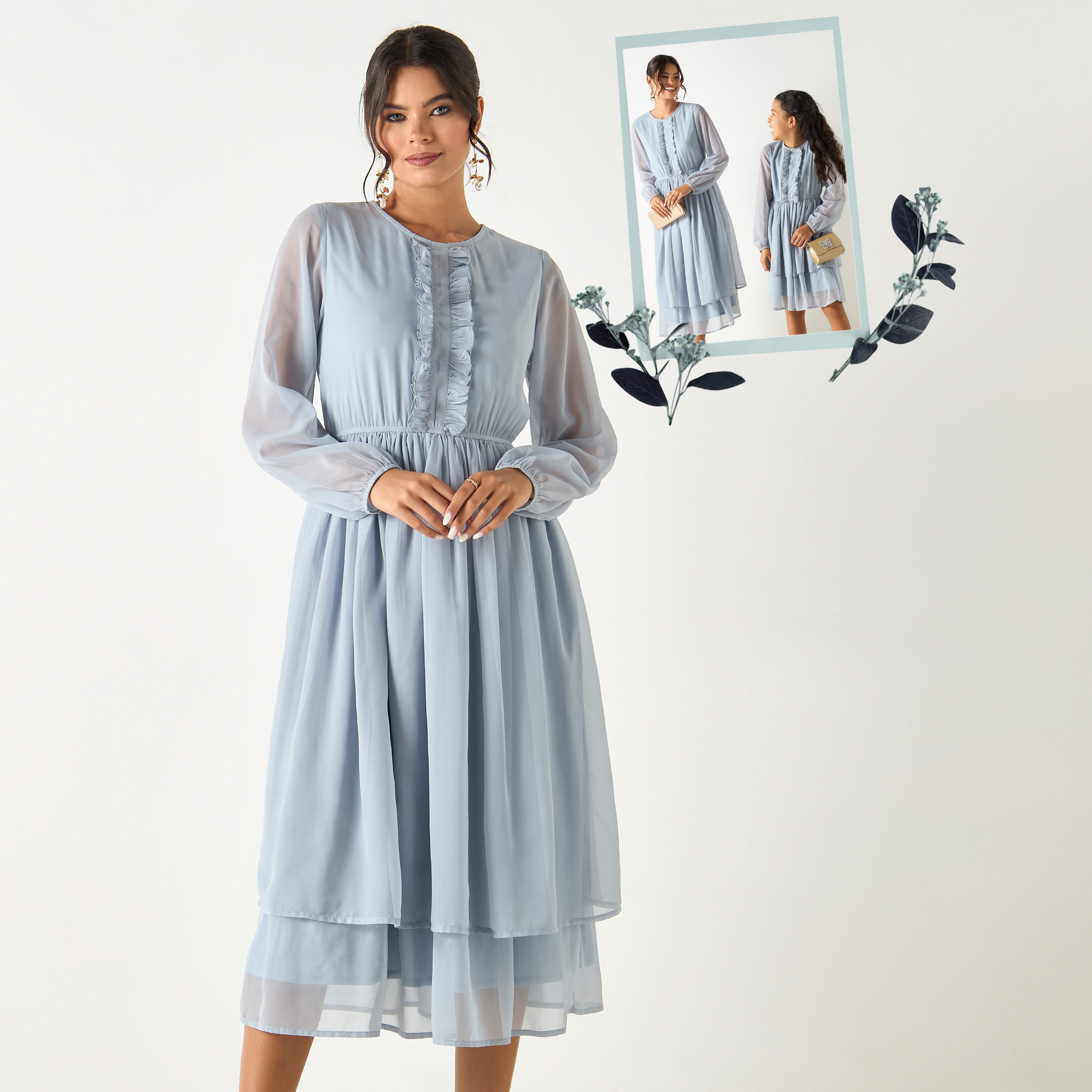 فستان سادة بطبقات وتفاصيل كشكش من سي نوار - للأم-women-clothing-dresses-image-1
