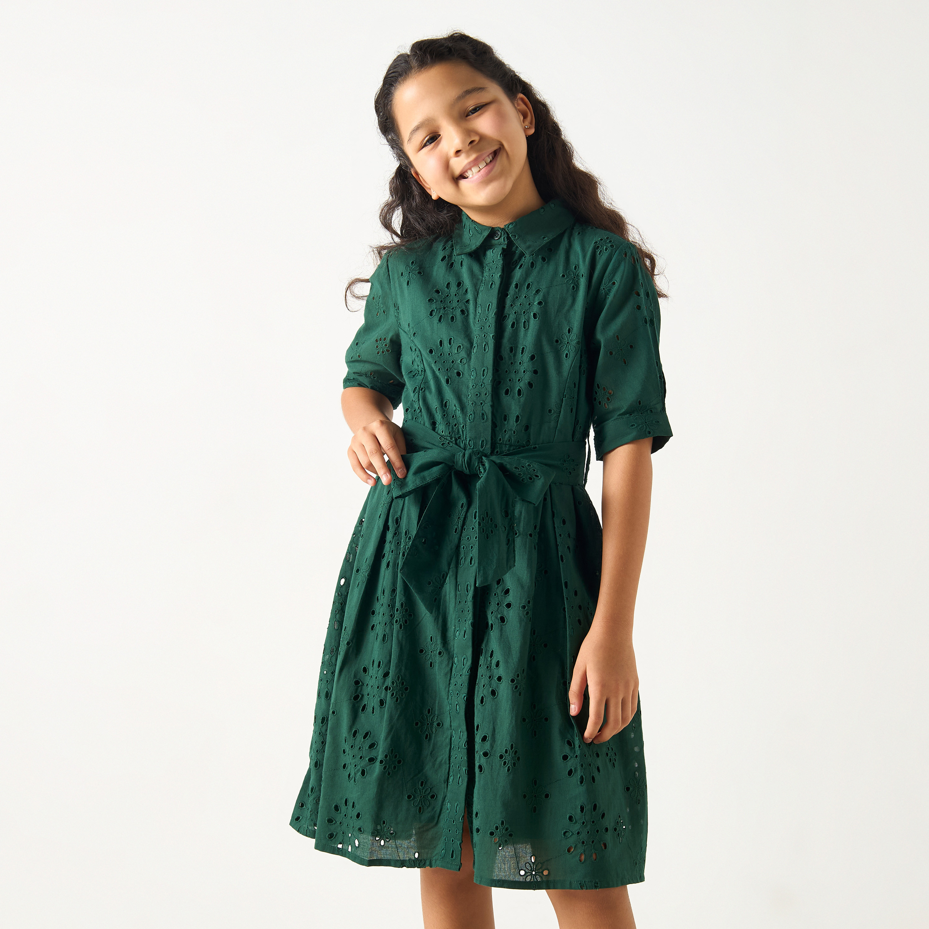 فستان قميص شيفلي بتفاصيل رباط من سي نوار - للبنات-girls-clothing-dressesandjumpsuits-image-3