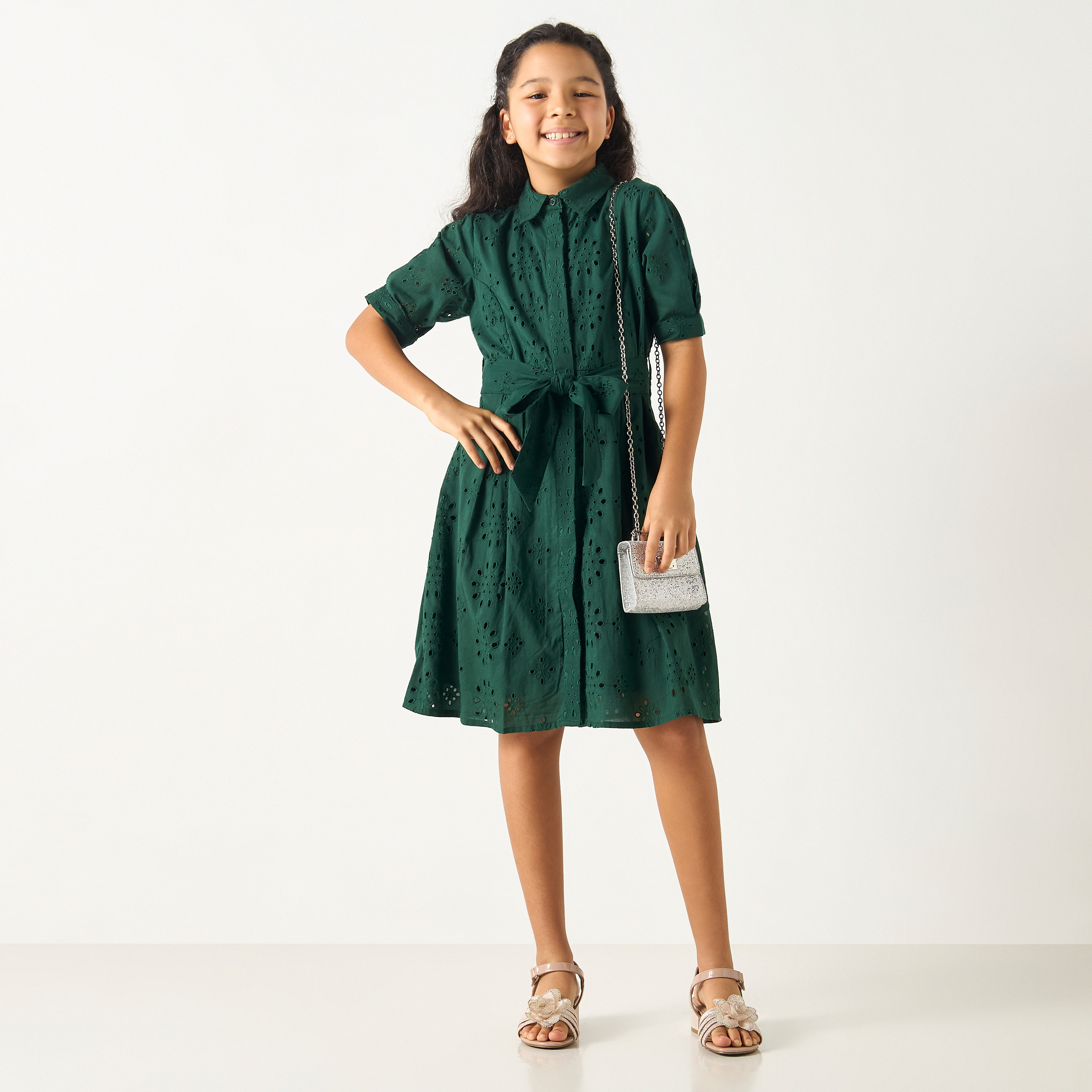فستان قميص شيفلي بتفاصيل رباط من سي نوار - للبنات-girls-clothing-dressesandjumpsuits-image-4