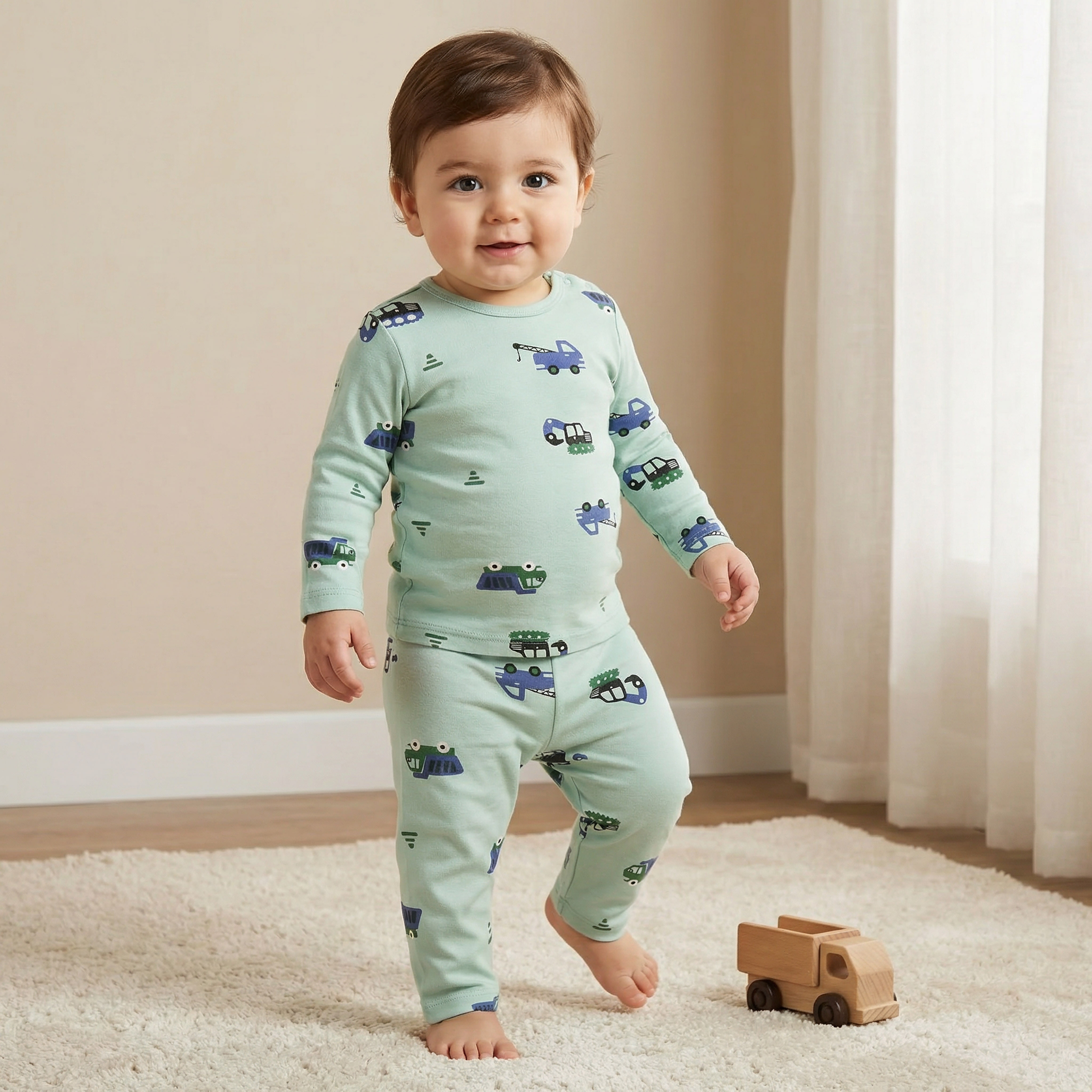 طقم بيجاما قطن بطبعات مركبات وياقة مستديرة وأكمام طويلة من جونيورز-baby-boys-clothing-nightwear-pyjamasets-image-1