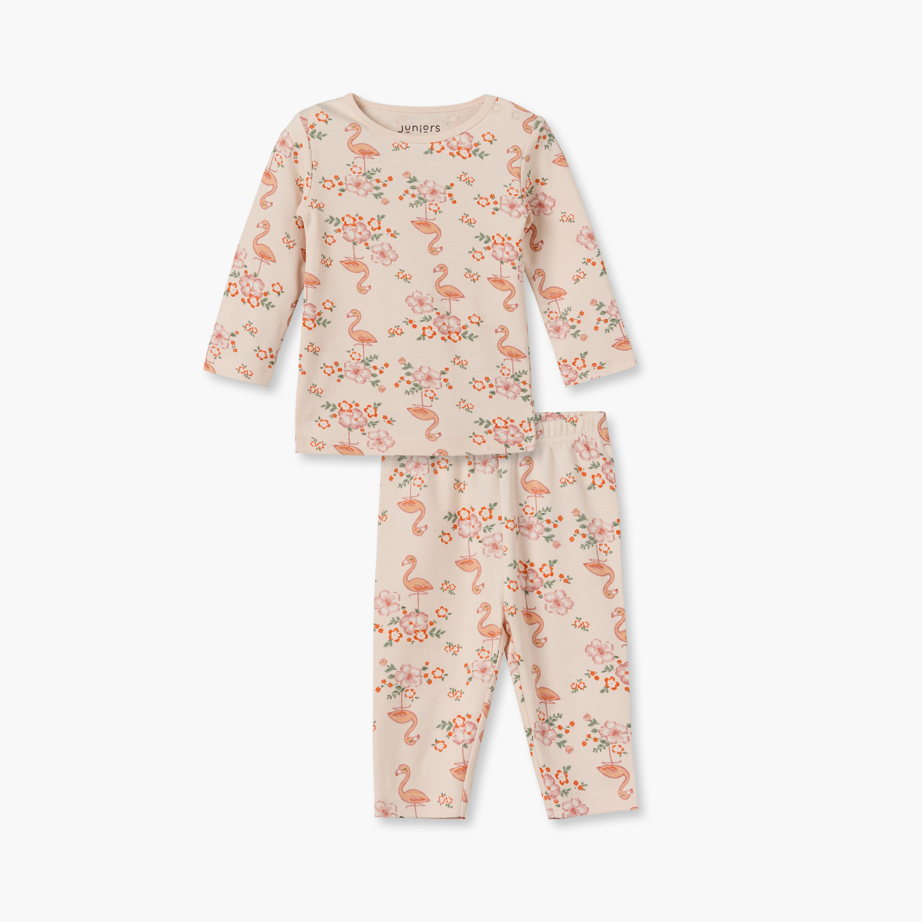 Juniors Cotton Crew Neck Long Sleeves Pyjama Set with Flamingo Print-baby-girls-clothing-nightwear-pyjamasets-image-2