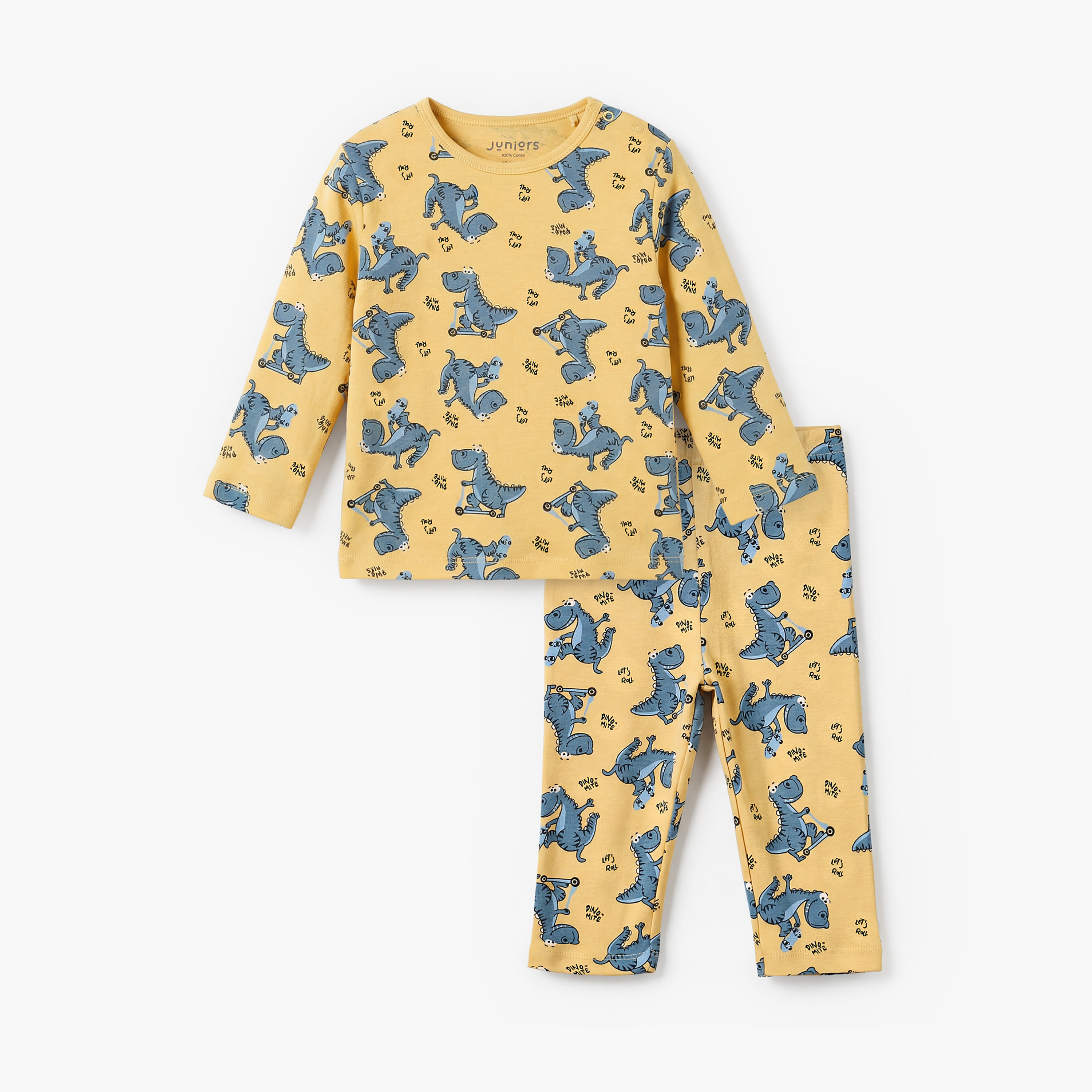 Juniors Cotton Round Neck Long Sleeves Pyjama Set with Dinosaur Print-baby-boys-clothing-nightwear-pyjamasets-image-2