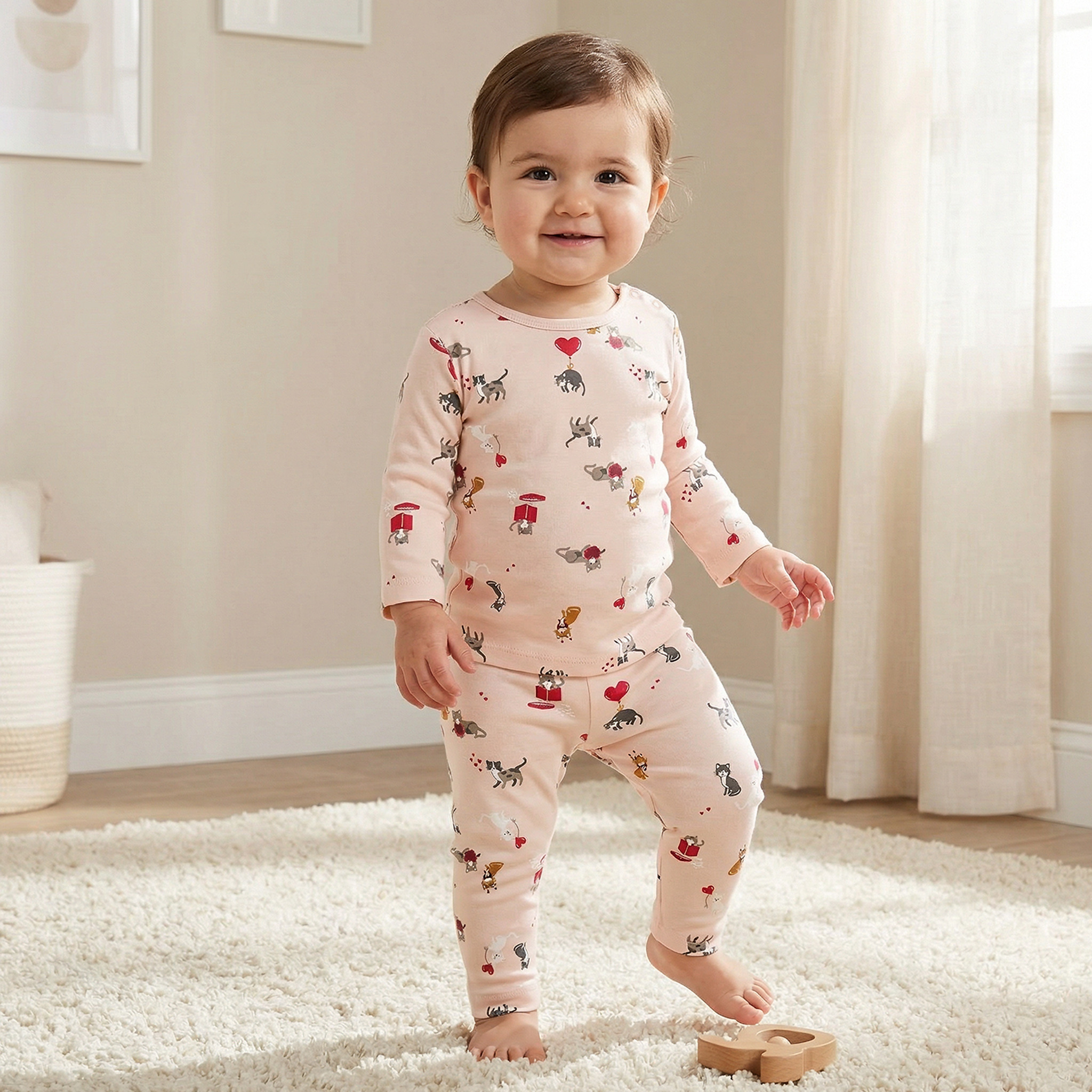 Juniors Cotton Round Neck Long Sleeve Pyjama Set with Cat Print-baby-girls-clothing-nightwear-pyjamasets-image-1