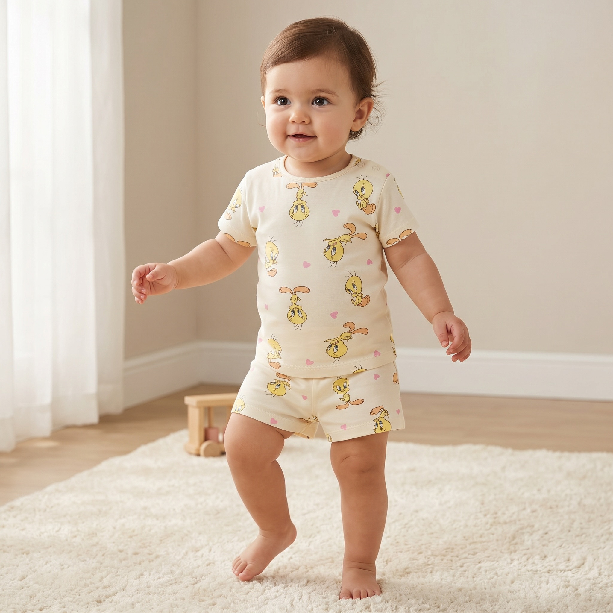 Warner Bros Round Neck Short Sleeve T-shirt and Shorts Set with Tweety Print-baby-girls-clothing-setsandcoords-image-1