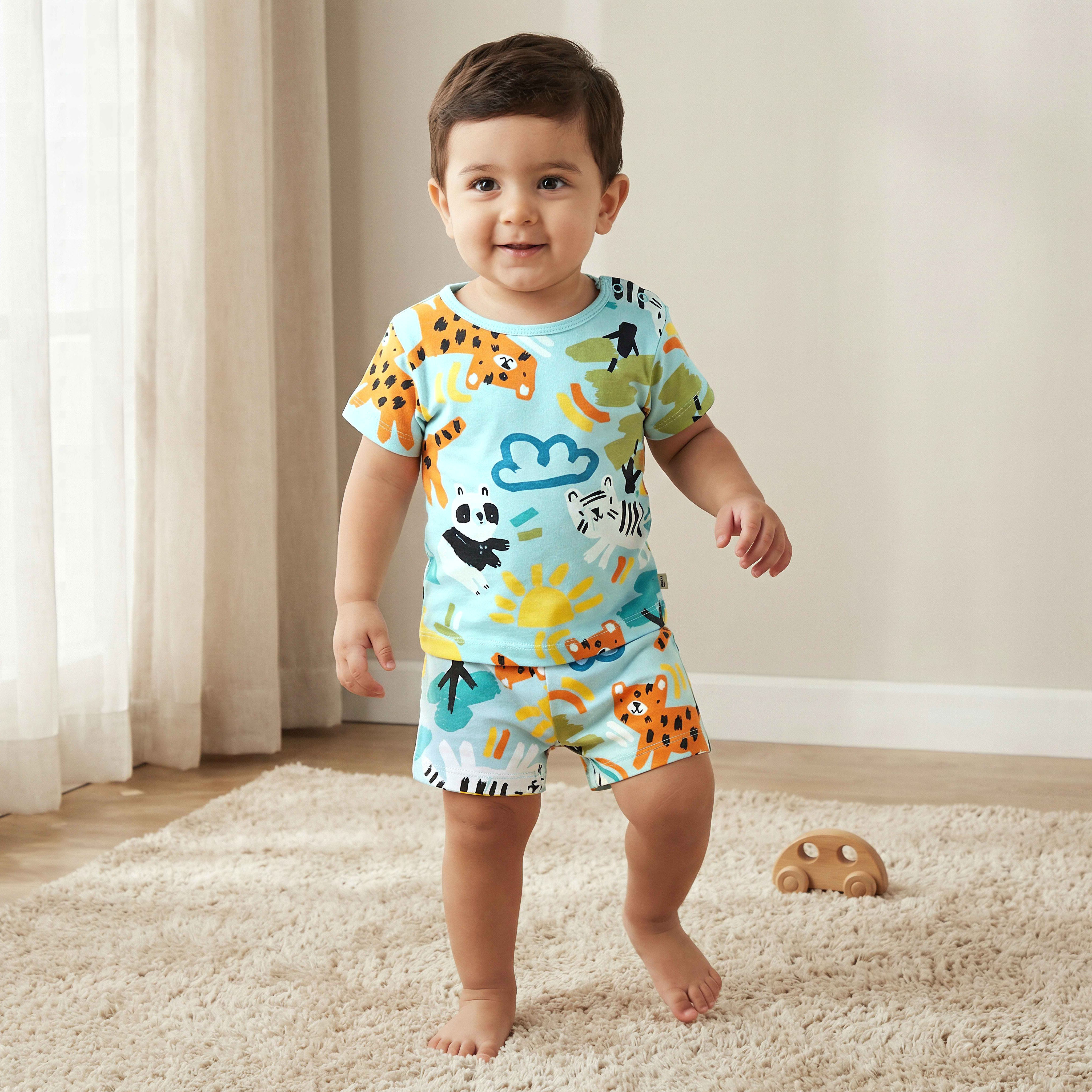 طقم شورت وتيشيرت قطن بياقة مستديرة وأكمام قصيرة وطبعات سفاري من جونيورز-baby-boys-clothing-setsandcoords-image-1