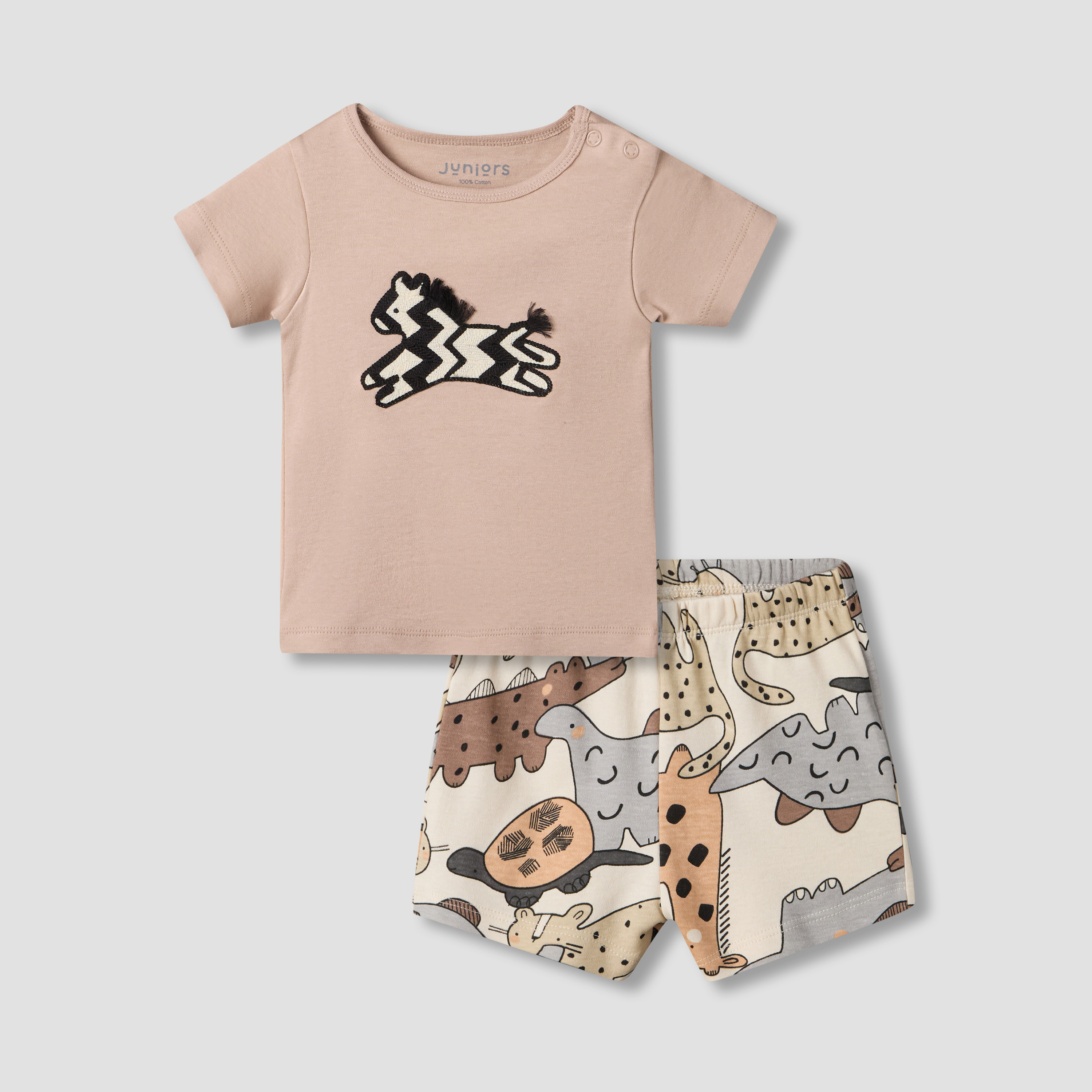 Juniors Round Neck Short Sleeve T-shirt and Shorts Set with Zebra Applique-baby-boys-clothing-setsandcoords-image-2