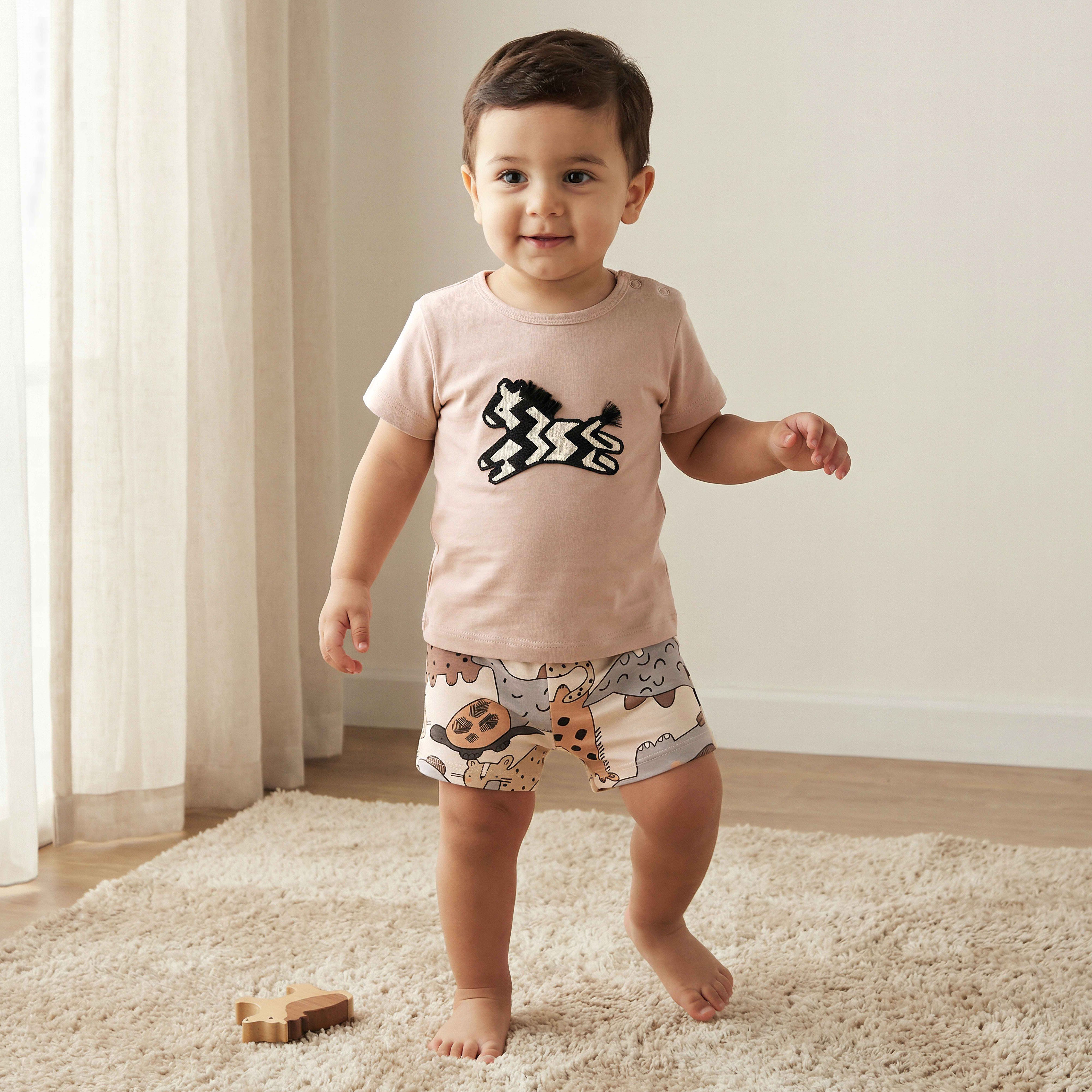 Juniors Round Neck Short Sleeve T-shirt and Shorts Set with Zebra Applique-baby-boys-clothing-setsandcoords-image-1