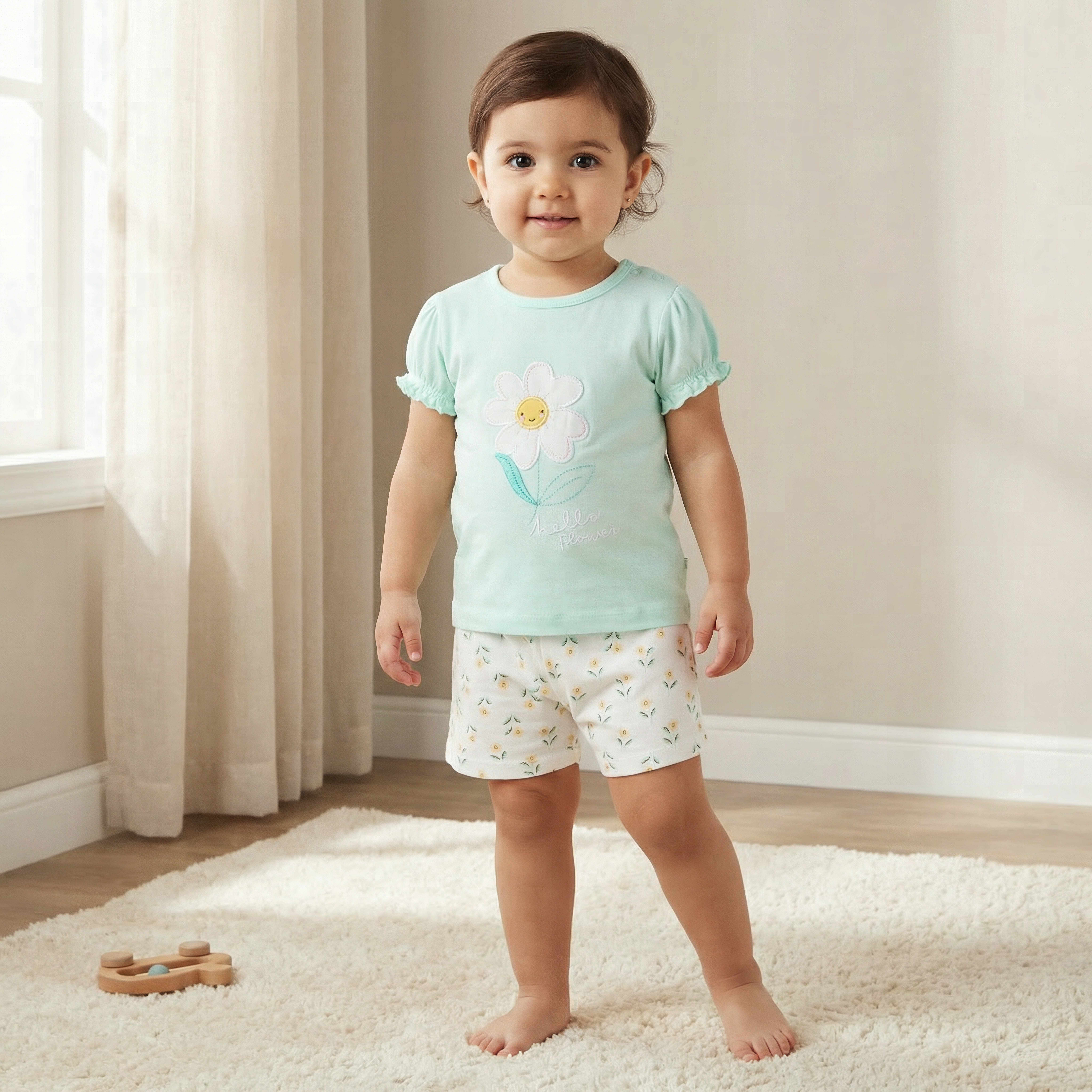 Juniors Round Neck Short Sleeves T-shirt and Shorts Set with Floral Print-baby-girls-clothing-setsandcoords-image-1