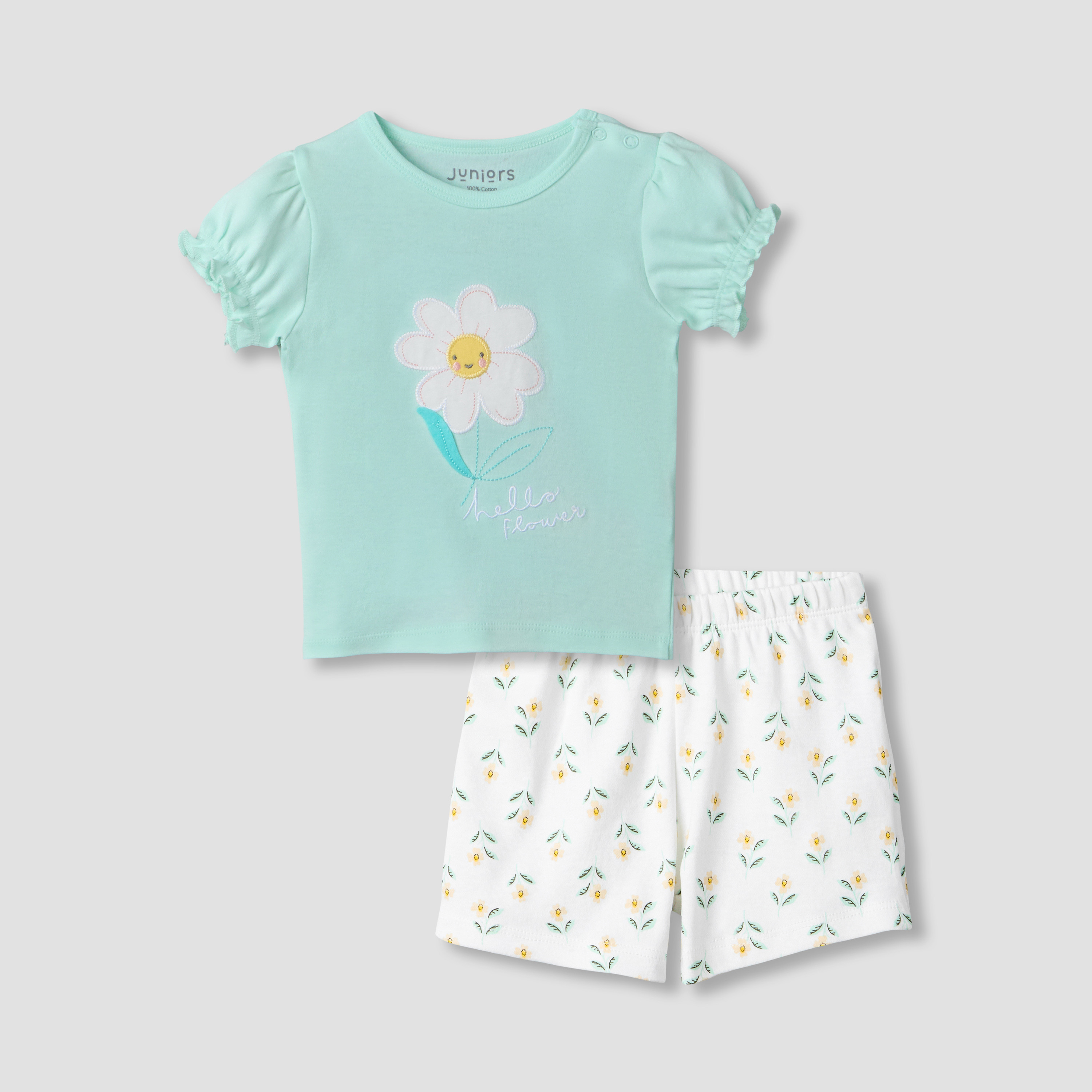 Juniors Round Neck Short Sleeves T-shirt and Shorts Set with Floral Print-baby-girls-clothing-setsandcoords-image-2