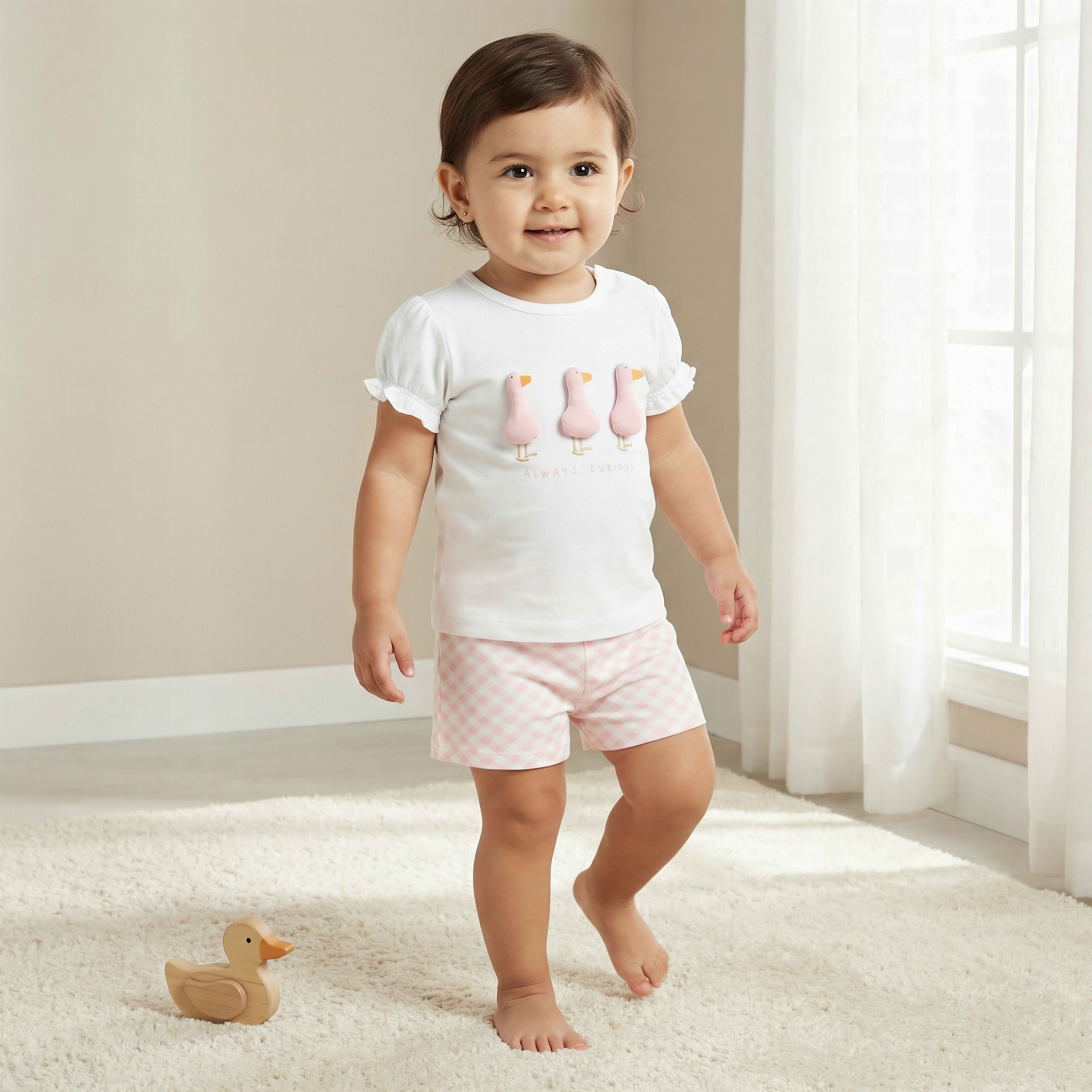Juniors Crew Neck Short Sleeve T-shirt and Shorts Set with Duck Applique-baby-girls-clothing-setsandcoords-image-1