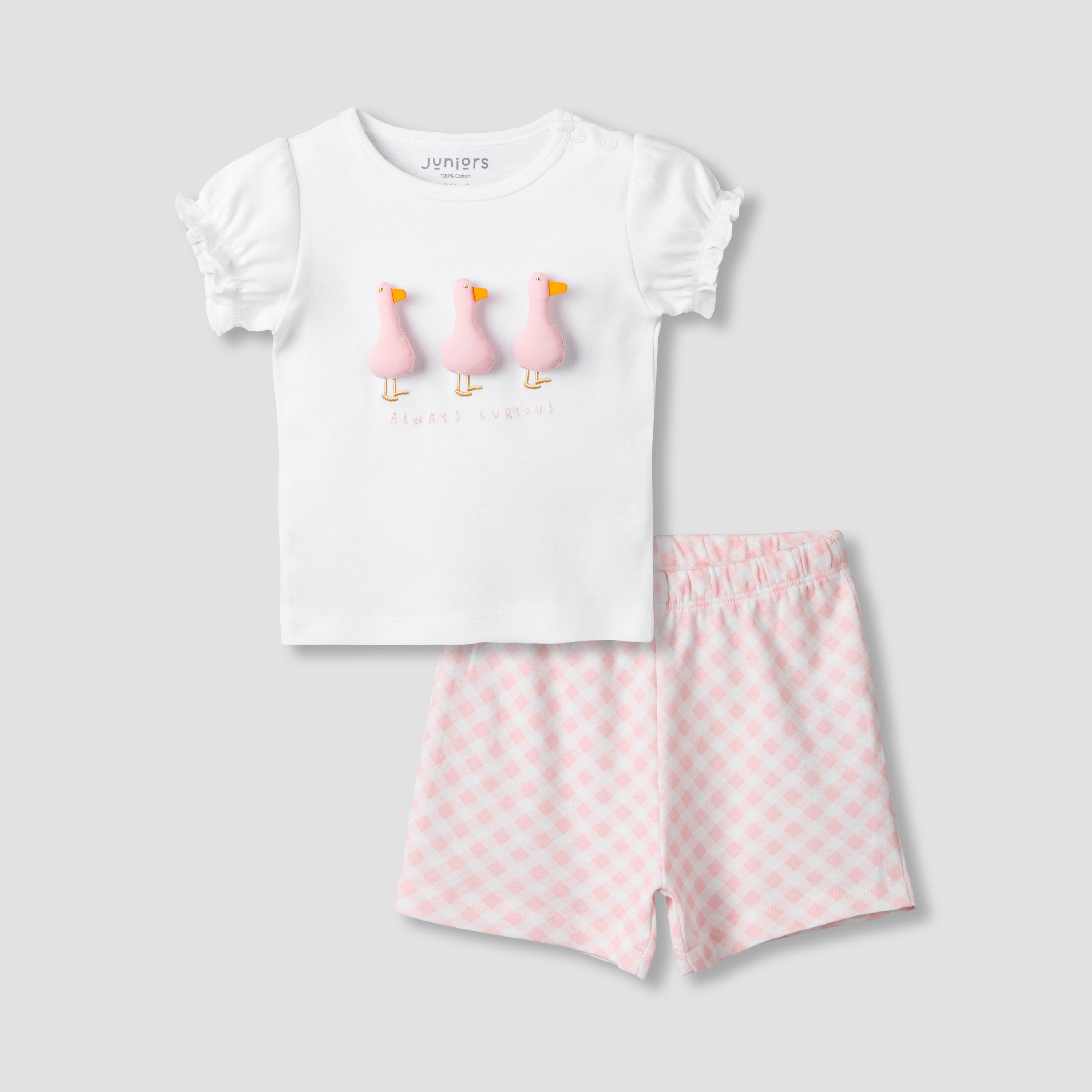 Juniors Crew Neck Short Sleeve T-shirt and Shorts Set with Duck Applique-baby-girls-clothing-setsandcoords-image-2