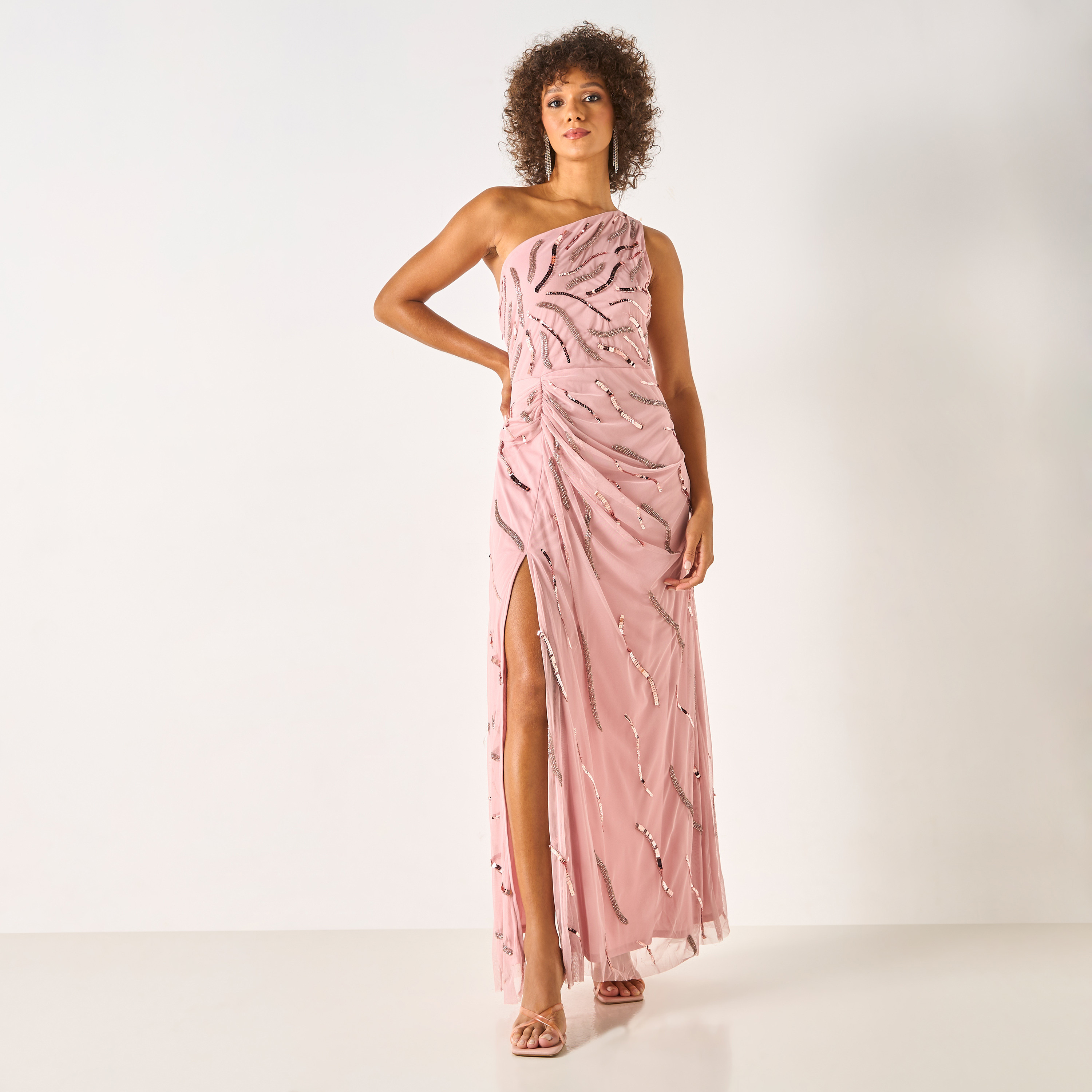CHARME Embellished One Shoulder Maxi Dress with Slit Detail-women-clothing-dresses-image-1