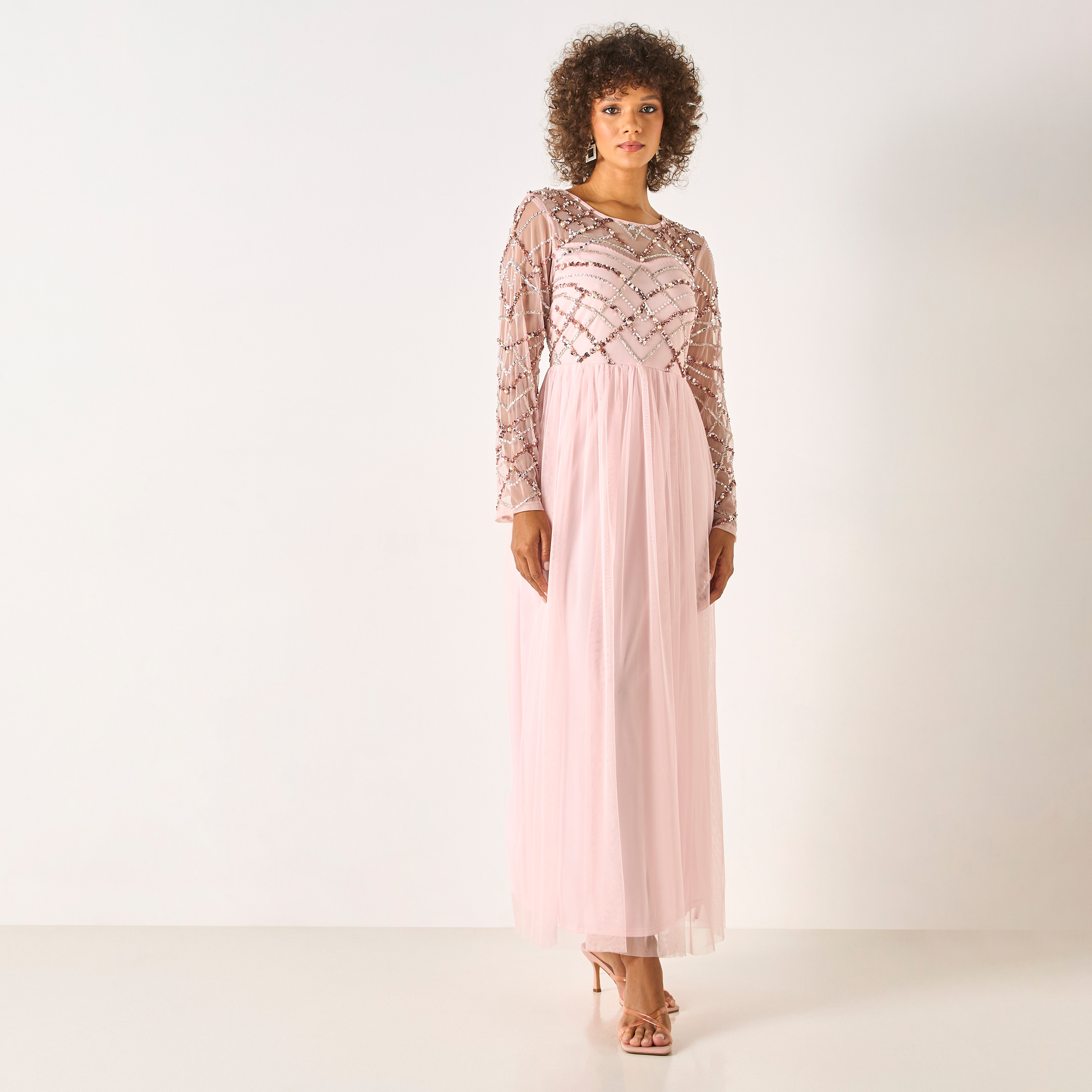 CHARME Sequin Embellished Maxi Dress with Round Neck and Long Sleeves-women-clothing-dresses-image-1