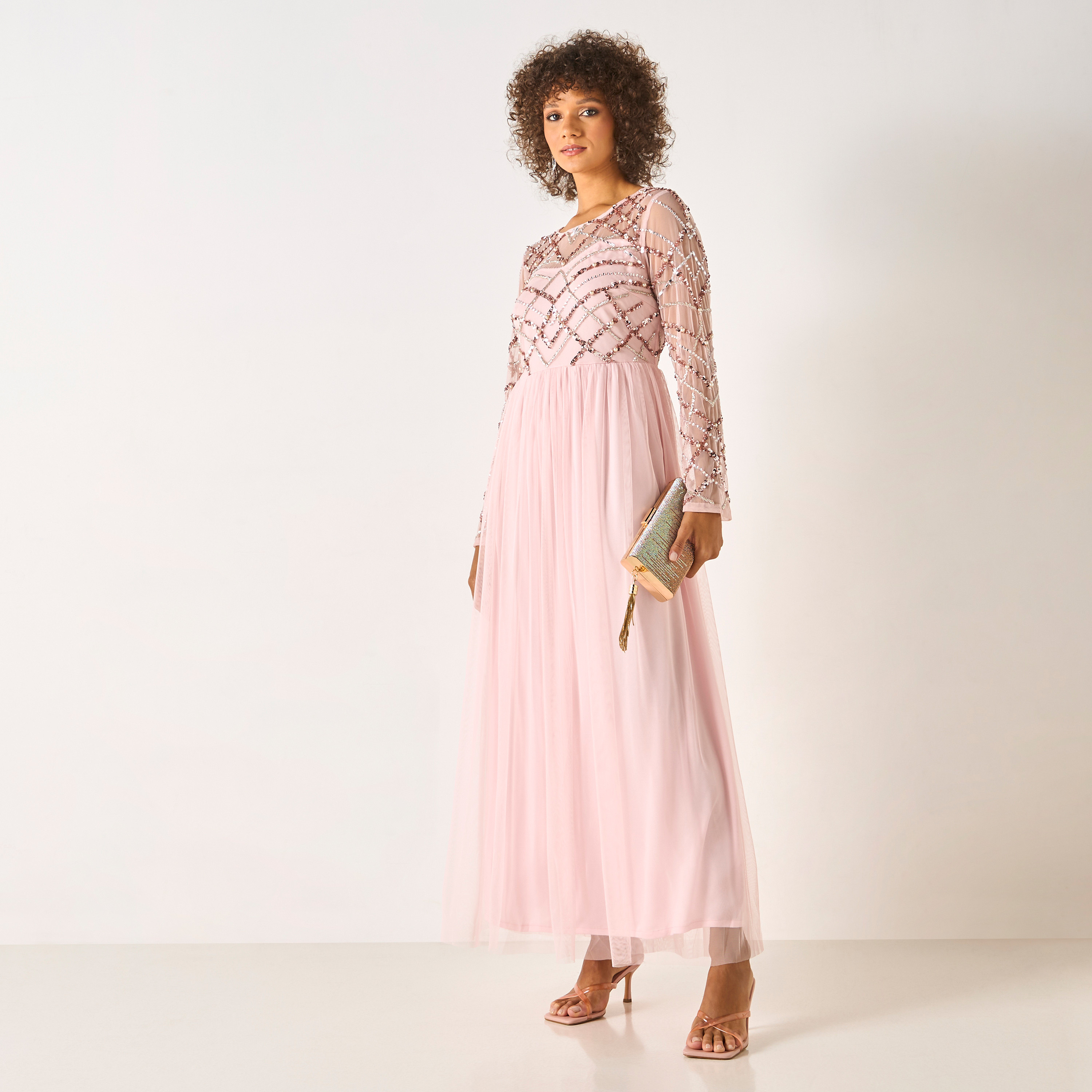 CHARME Sequin Embellished Maxi Dress with Round Neck and Long Sleeves-women-clothing-dresses-image-2