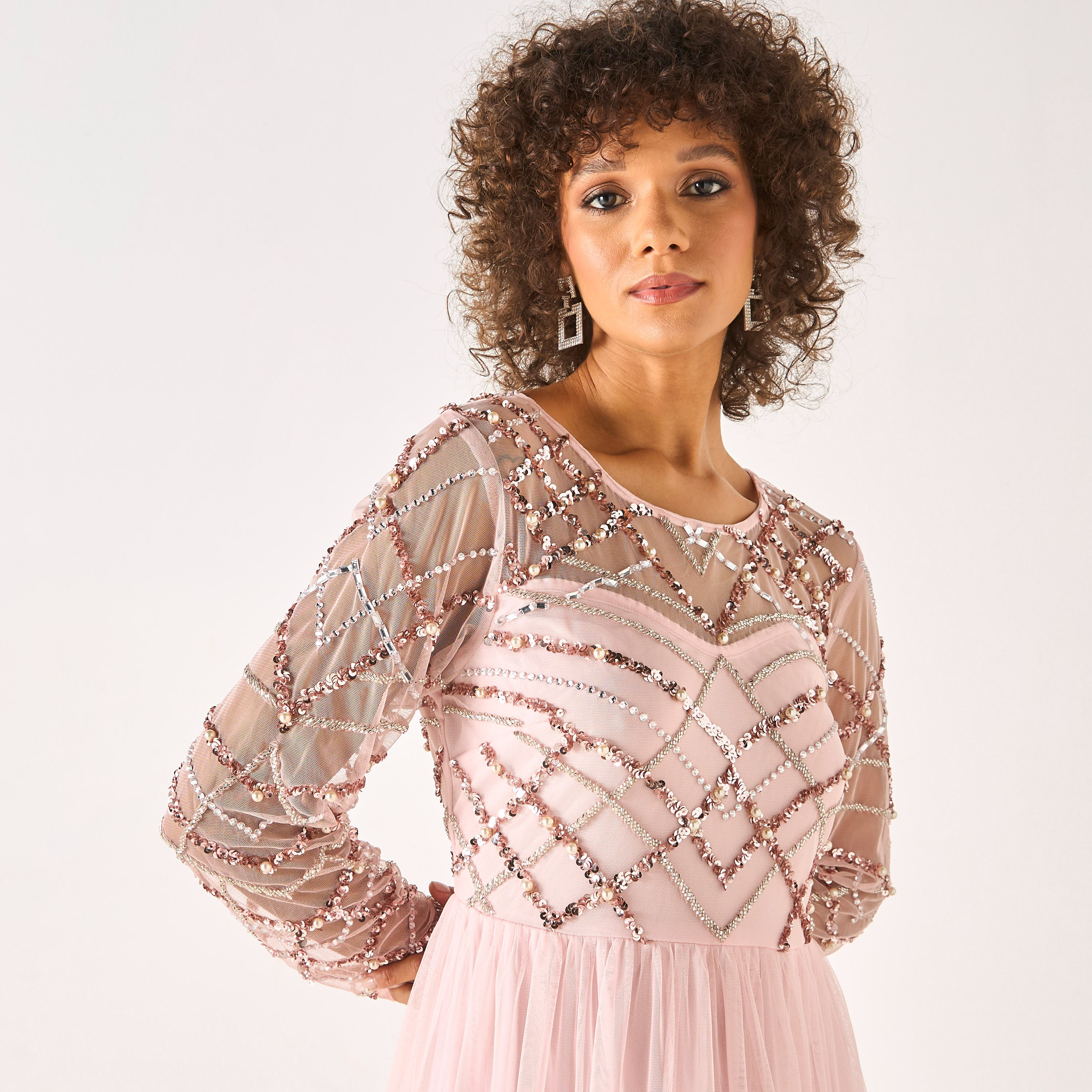 CHARME Sequin Embellished Maxi Dress with Round Neck and Long Sleeves-women-clothing-dresses-image-4