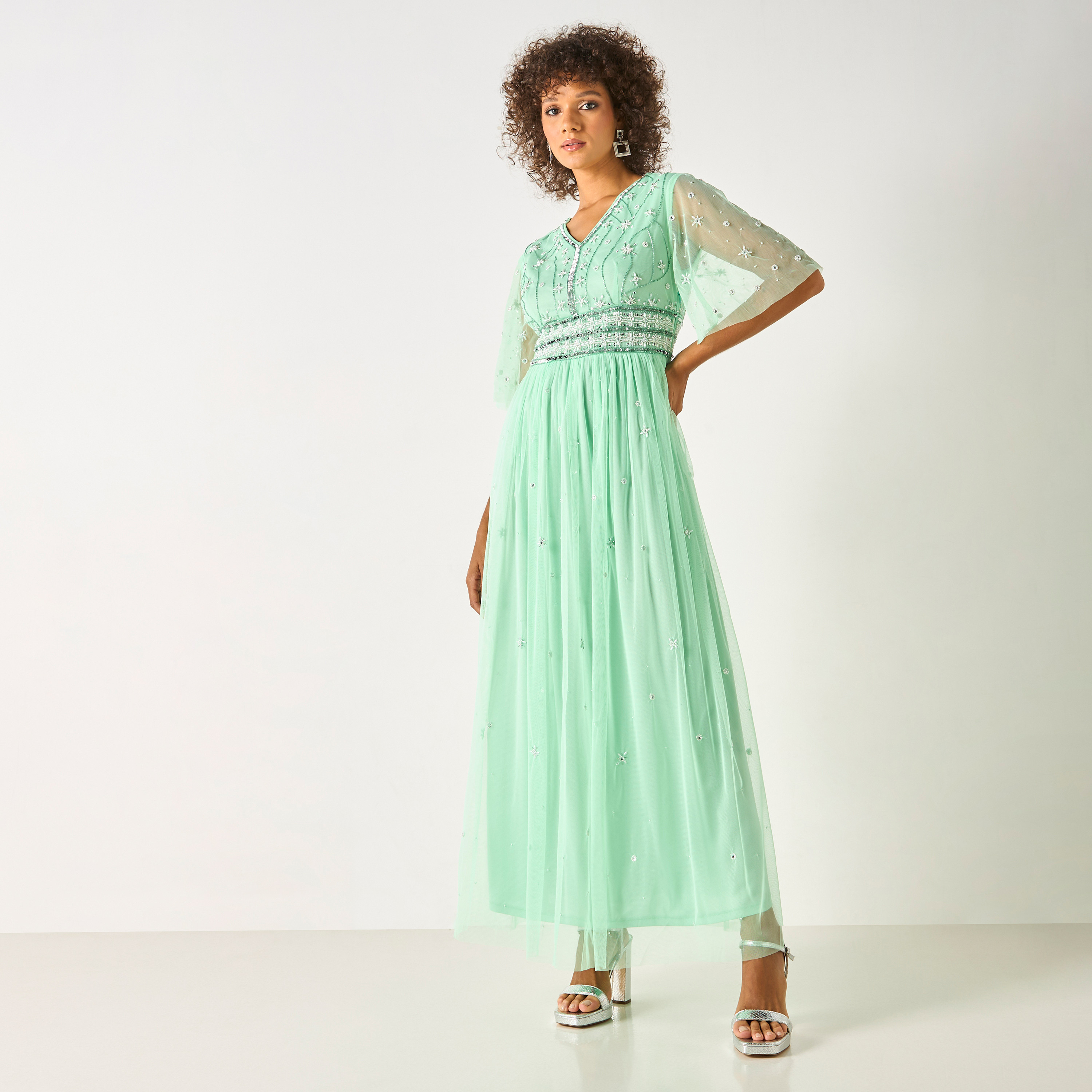 CHARME Stone Embellished Maxi Dress with V-neck and Short Sleeves-women-clothing-dresses-image-2