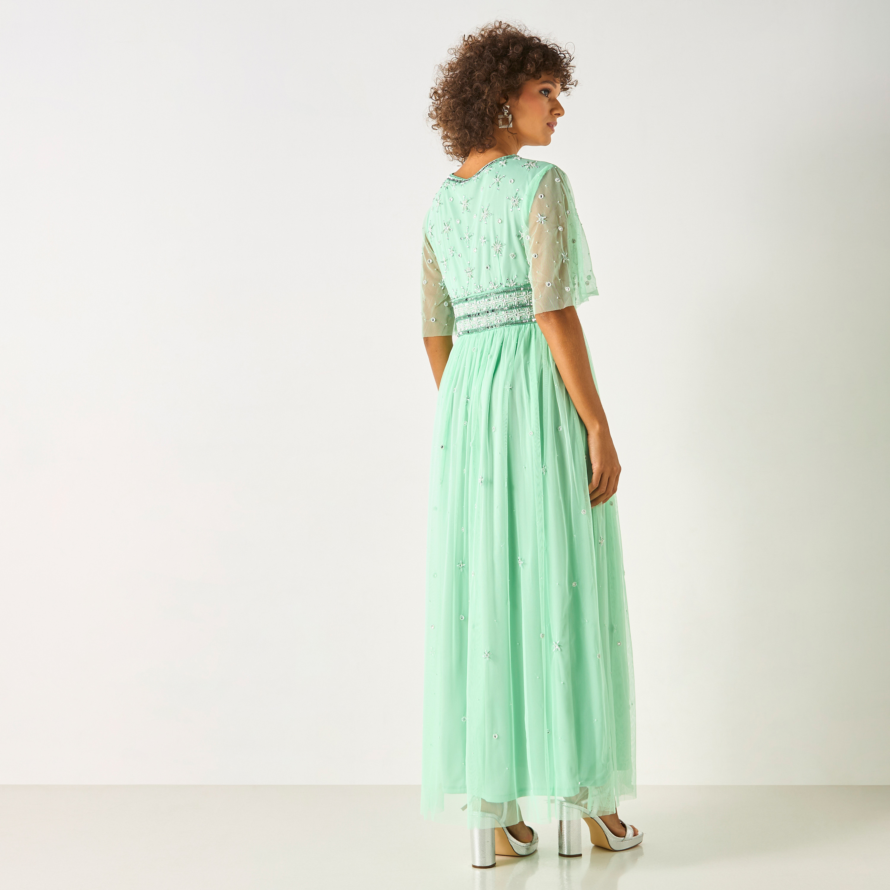 CHARME Stone Embellished Maxi Dress with V-neck and Short Sleeves-women-clothing-dresses-image-3