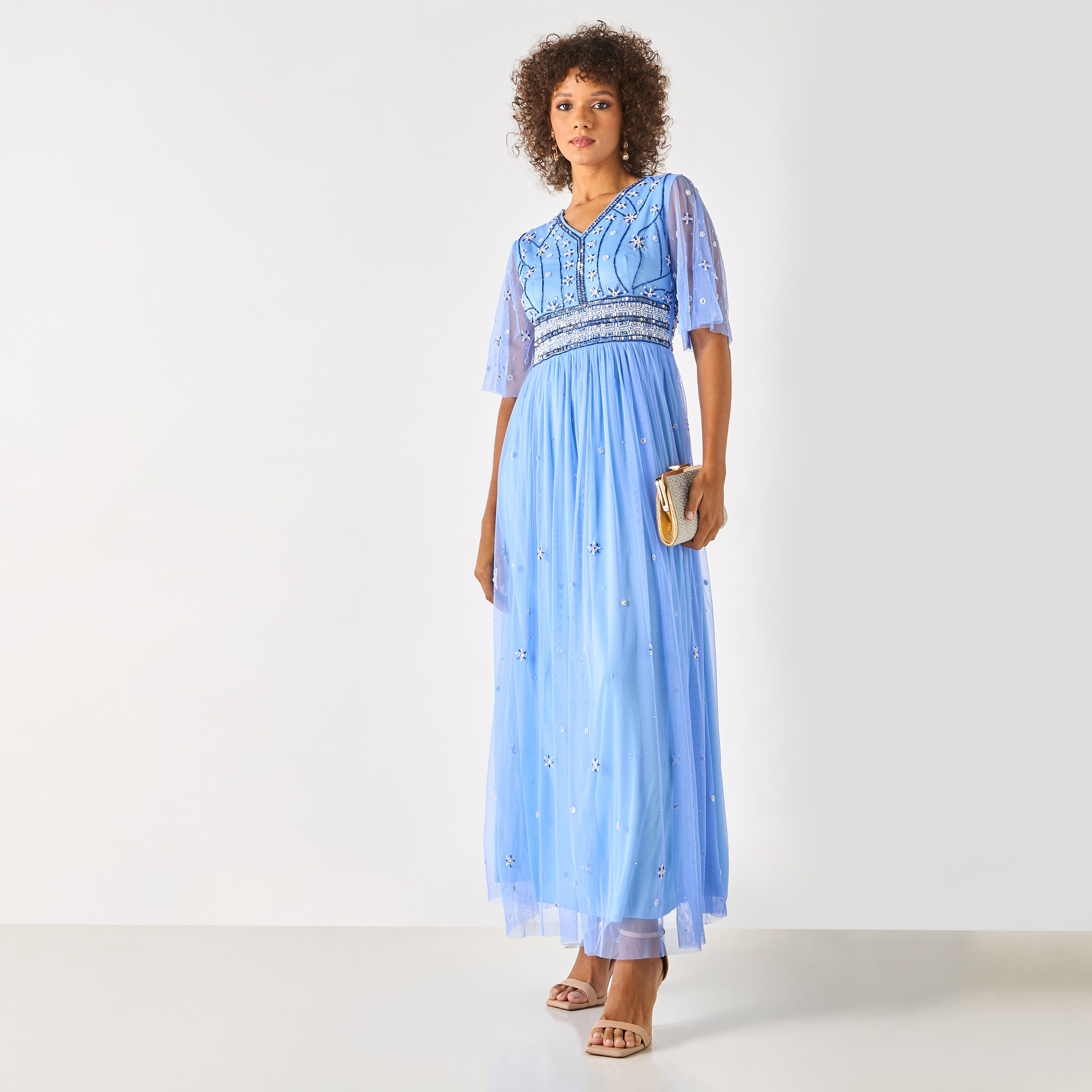 فستان طويل مزيّن بالأحجار بأكمام قصيرة وياقة V من تشارم-women-clothing-dresses-image-2