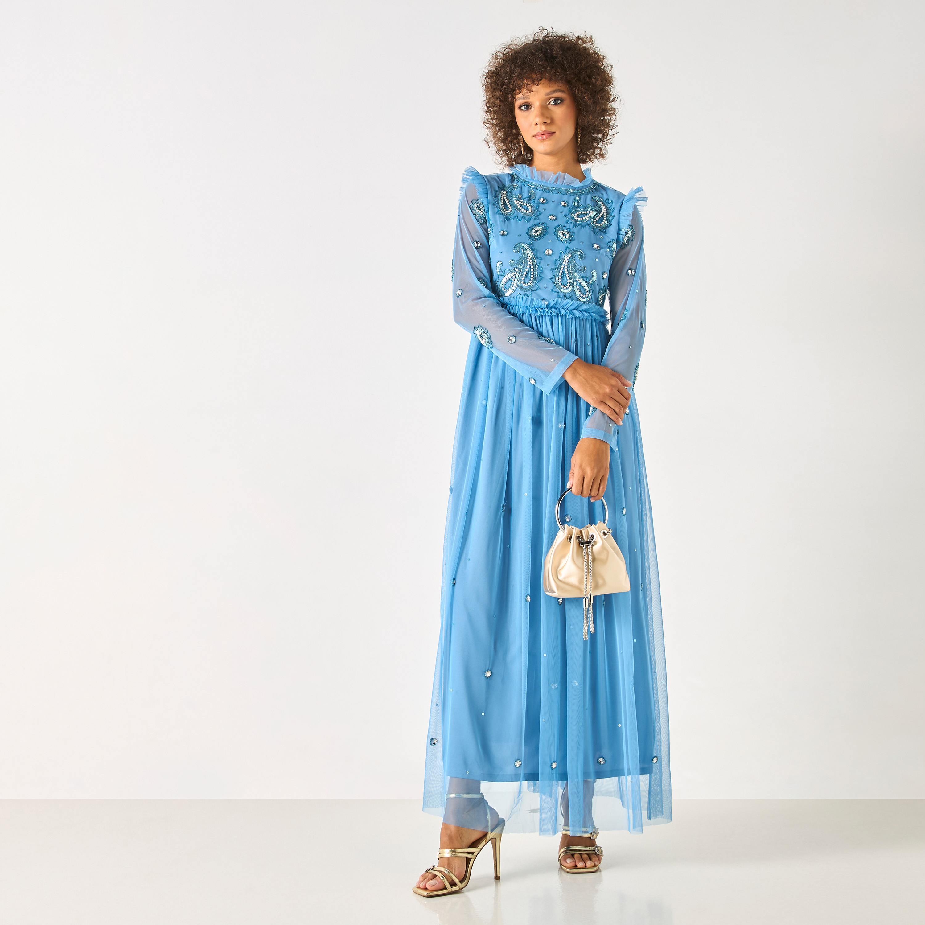 فستان طويل مزين بالأحجار بياقة مستديرة وكشكش من تشارم-women-clothing-dresses-image-1