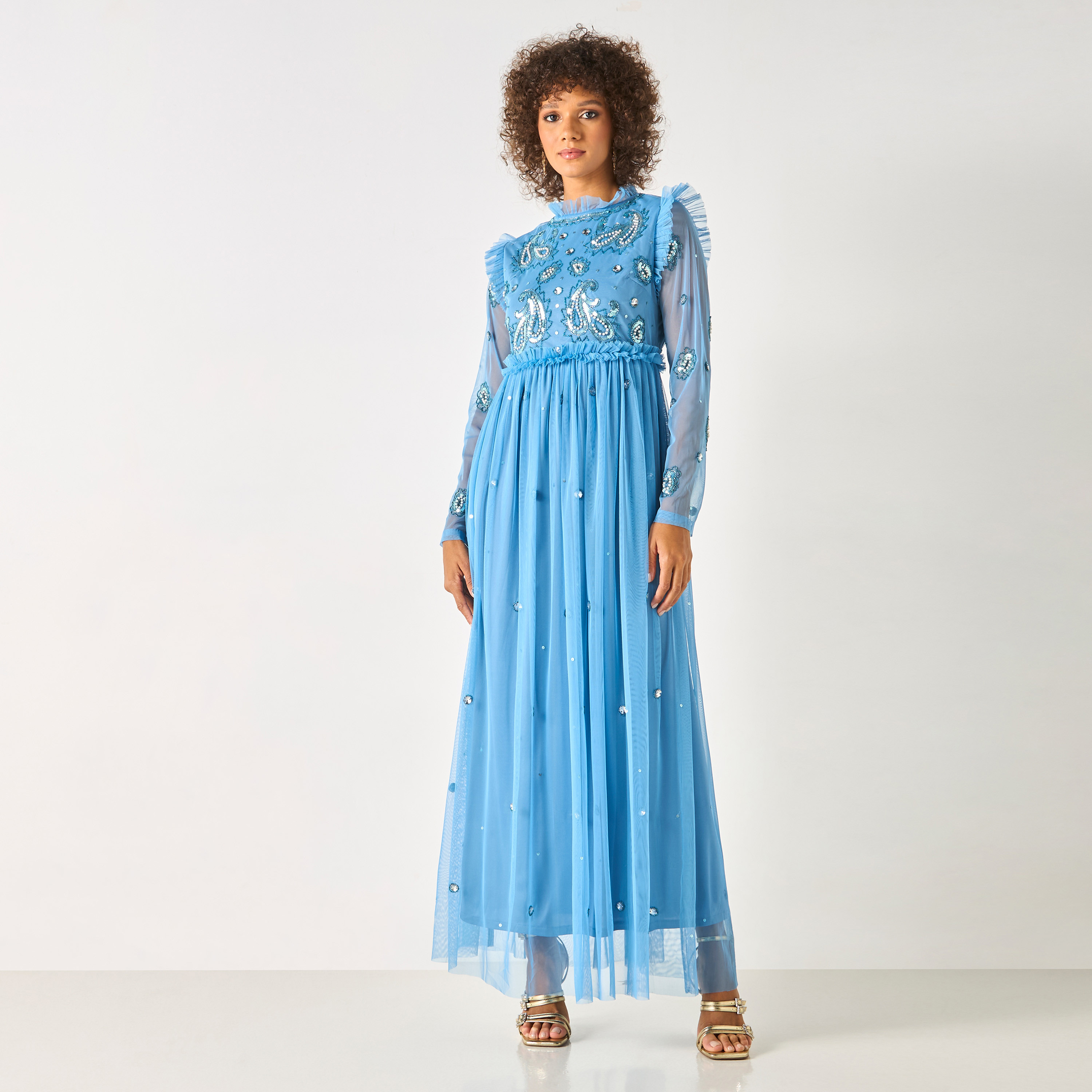 فستان طويل مزين بالأحجار بياقة مستديرة وكشكش من تشارم-women-clothing-dresses-image-2
